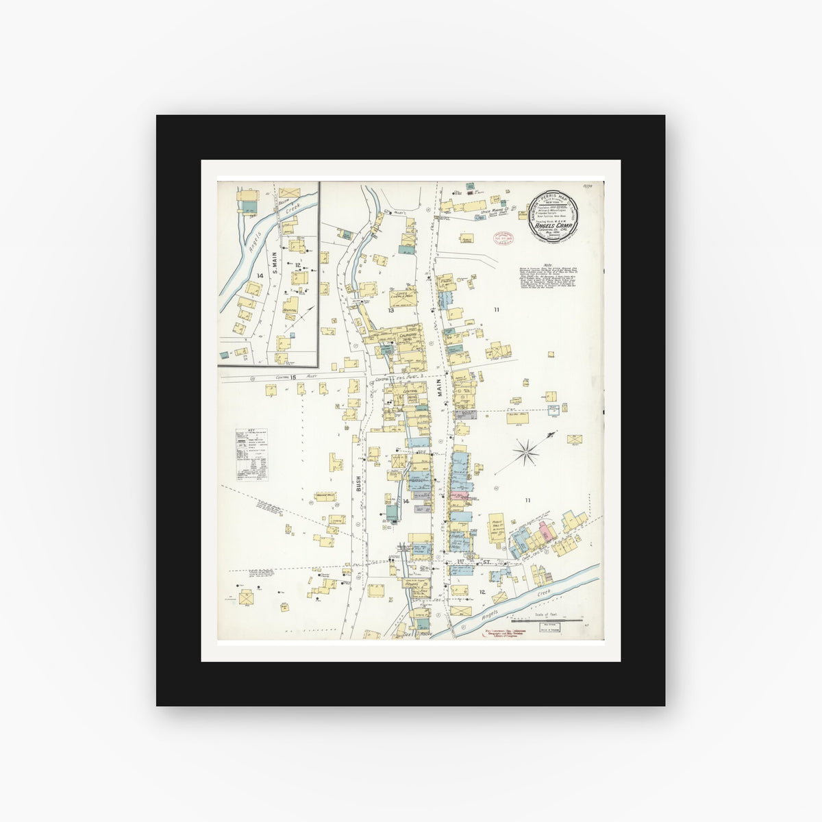 Old map wall art mockup — black gallery frame with white mat — Sanborn Fire Insurance Map from Angels Camp, Calaveras County, California (1895), Sheet #0001