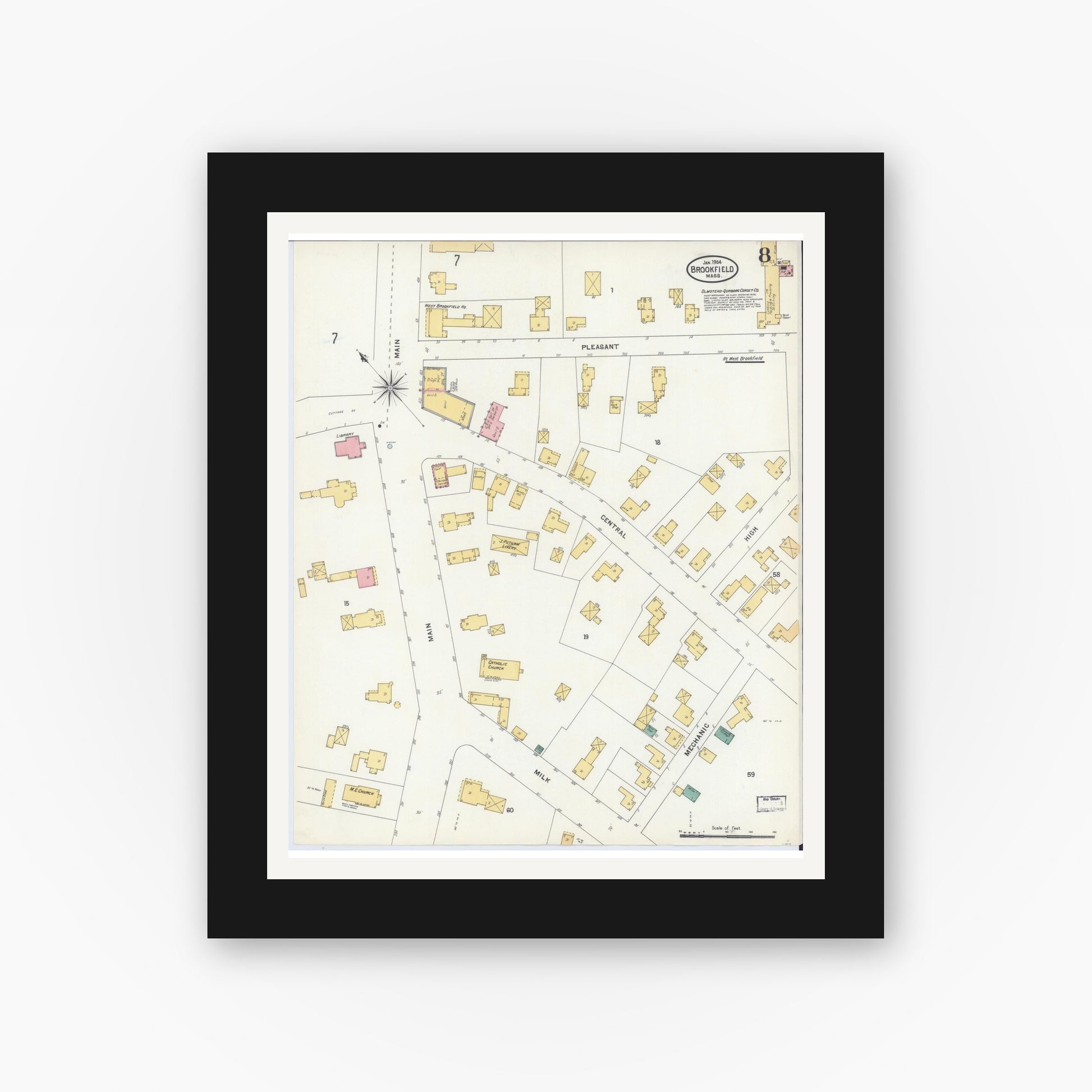 Old map wall art mockup — black gallery frame with white mat — Sanborn Fire Insurance Map from Brookfield, Worcester County, Massachusetts (1904), Sheet #0008