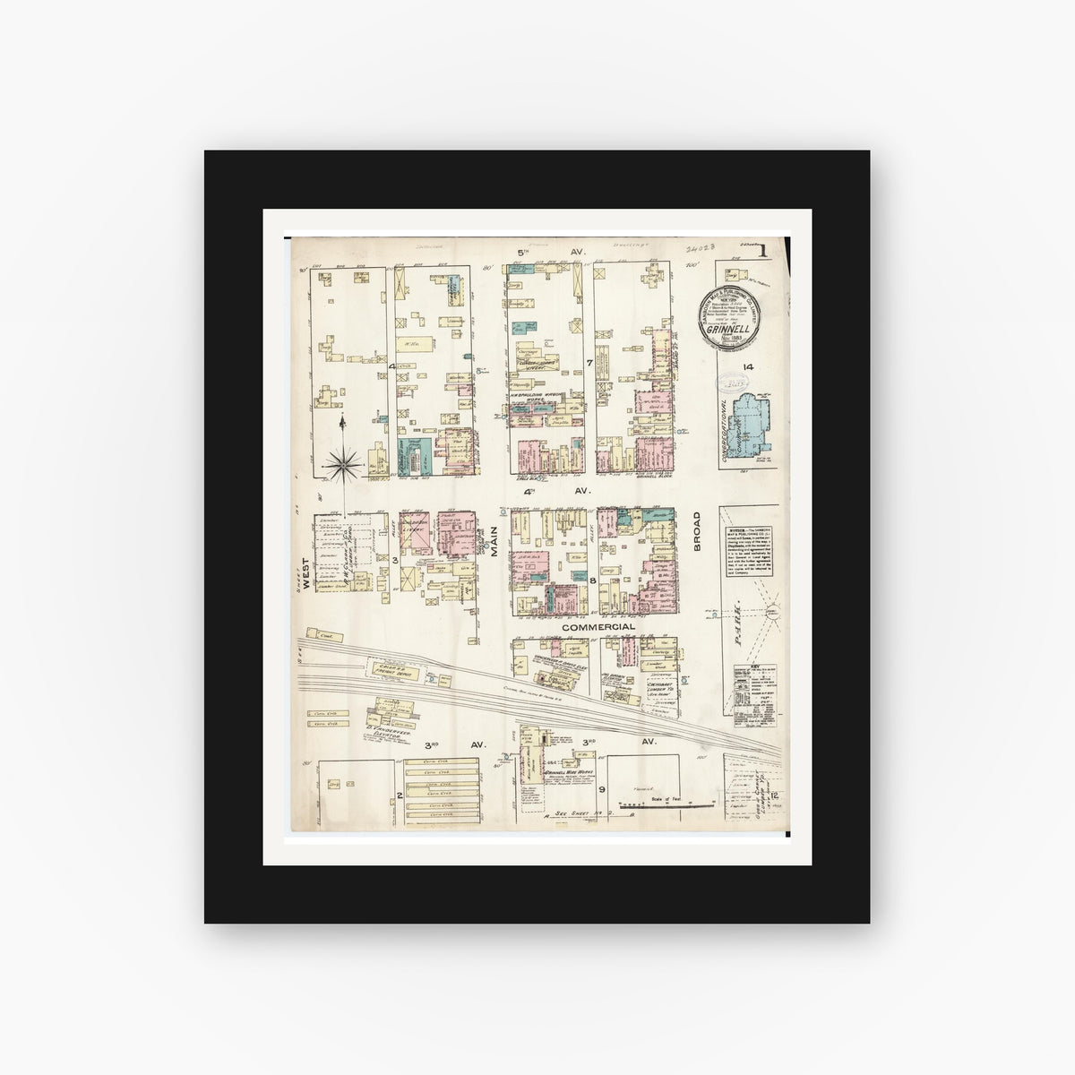 Old map wall art mockup — black gallery frame with white mat — Sanborn Fire Insurance Map from Grinnell, Poweshiek County, Iowa (1883), Sheet #0001