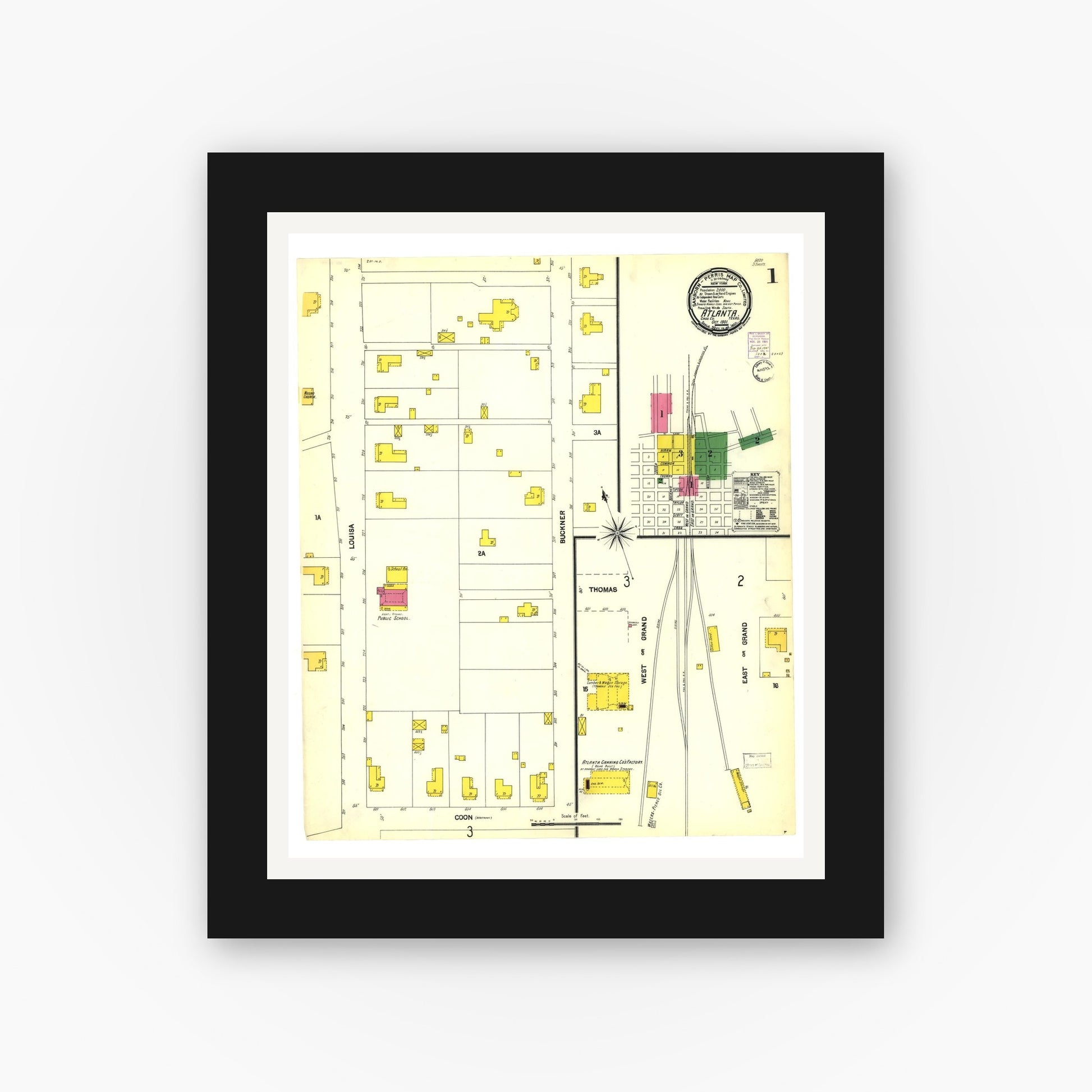 Old map wall art mockup — black gallery frame with white mat — Sanborn Fire Insurance Map from Atlanta, Cass County, Texas (1901), Sheet #0001