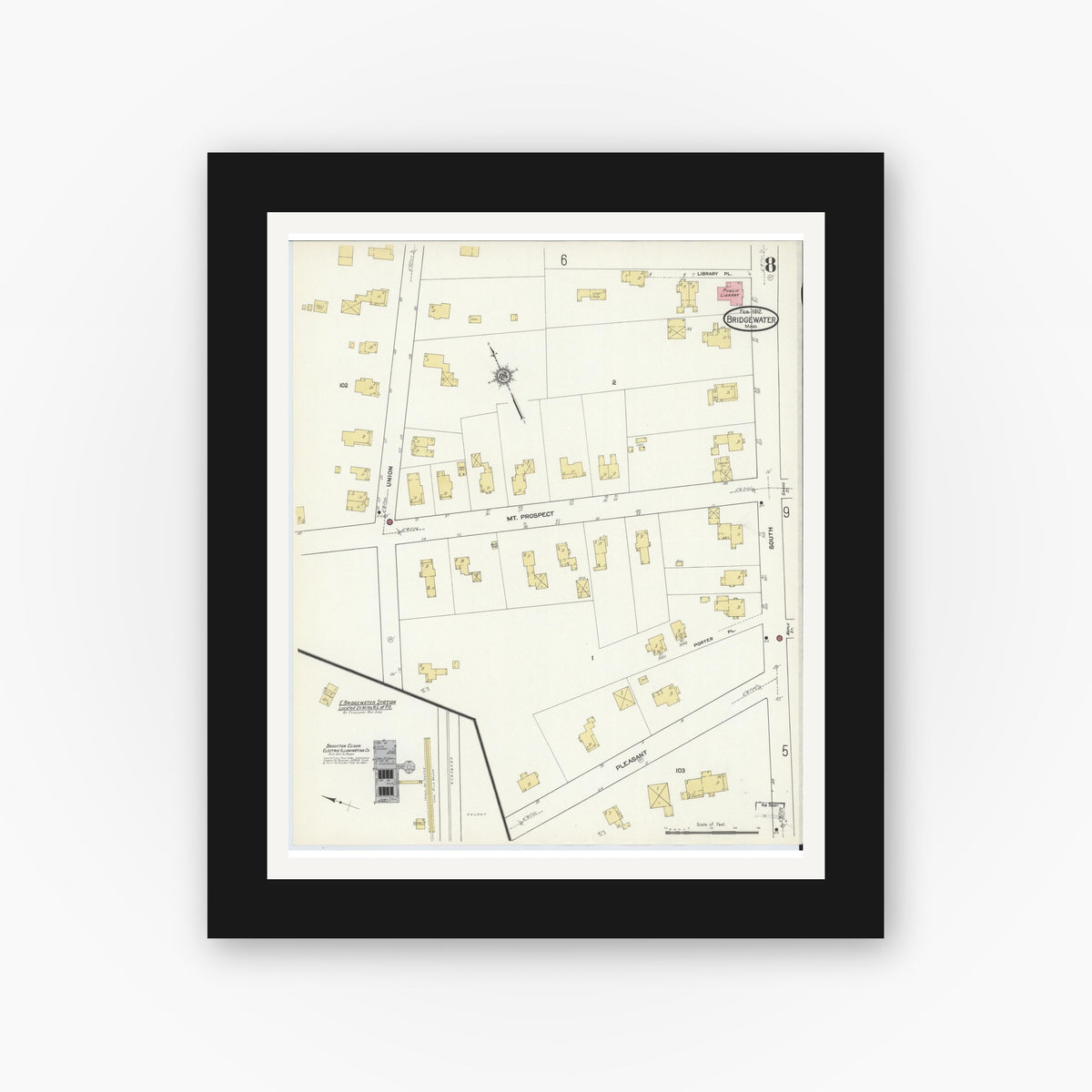 Old map wall art mockup — black gallery frame with white mat — Sanborn Fire Insurance Map from Bridgewater, Plymouth County, Massachusetts (1912), Sheet #0008