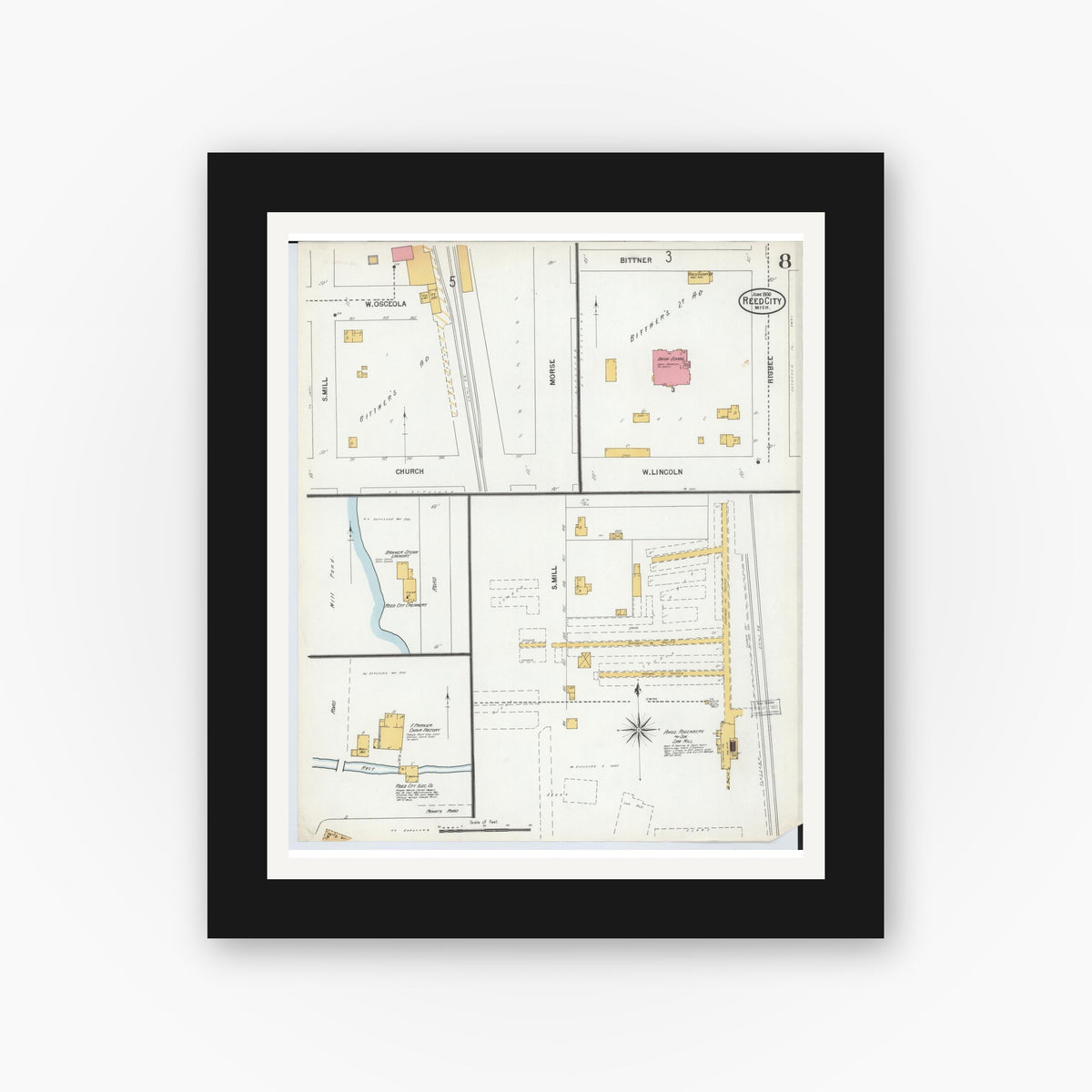 Old map wall art mockup — black gallery frame with white mat — Sanborn Fire Insurance Map from Reed City, Osceola County, Michigan (1900), Sheet #0008