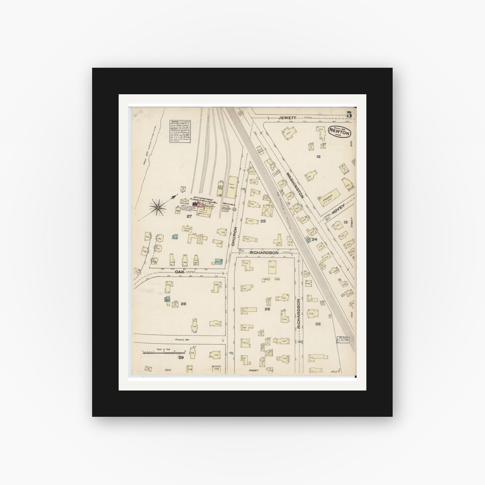 Old map wall art mockup — black gallery frame with white mat — Sanborn Fire Insurance Map from Newton, Middlesex County, Massachusetts (1884), Sheet #0005