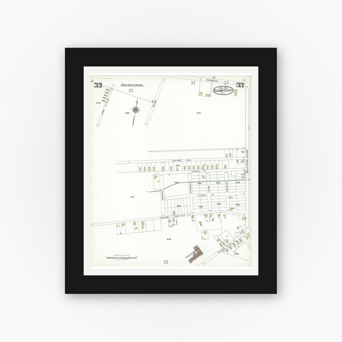 Old map wall art mockup — black gallery frame with white mat — Sanborn Fire Insurance Map from Elizabeth City, Pasquotank County, North Carolina (1923), Sheet #0033