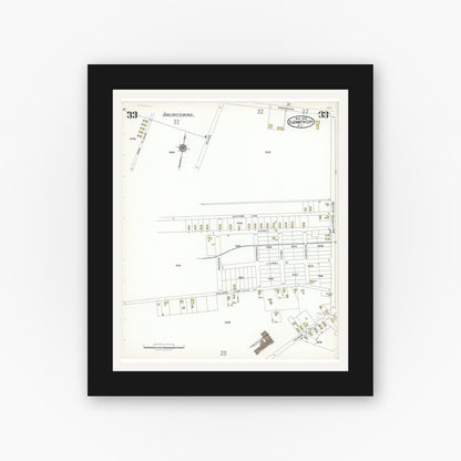 Old map wall art mockup — black gallery frame with white mat — Sanborn Fire Insurance Map from Elizabeth City, Pasquotank County, North Carolina (1923), Sheet #0033