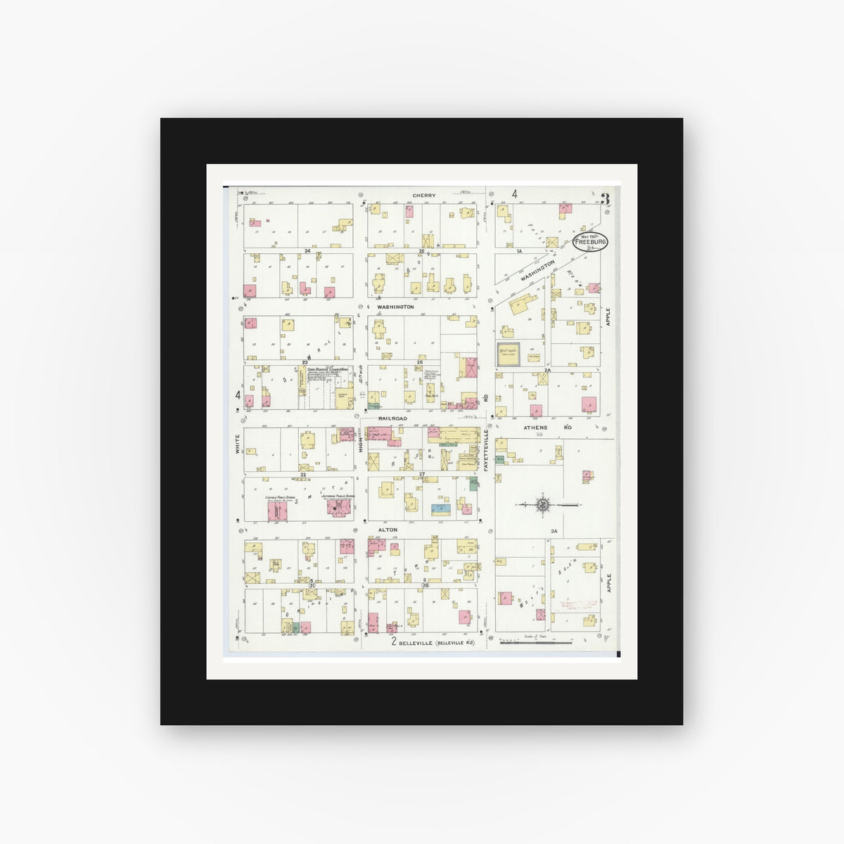 Old map wall art mockup — black gallery frame with white mat — Sanborn Fire Insurance Map from Freeburg, Saint Clair County, Illinois (1910), Sheet #0003