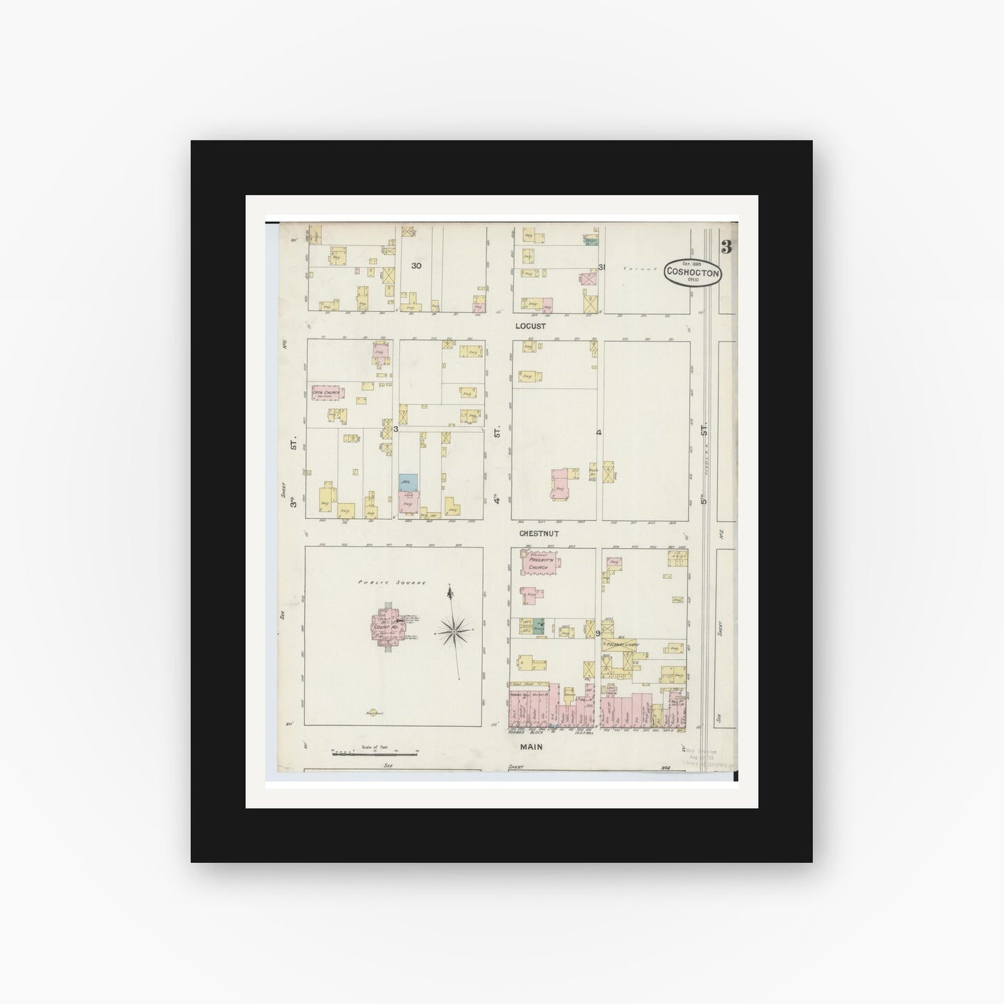 Old map wall art mockup — black gallery frame with white mat — Sanborn Fire Insurance Map from Coshocton, Coshocton County, Ohio (1889), Sheet #0003