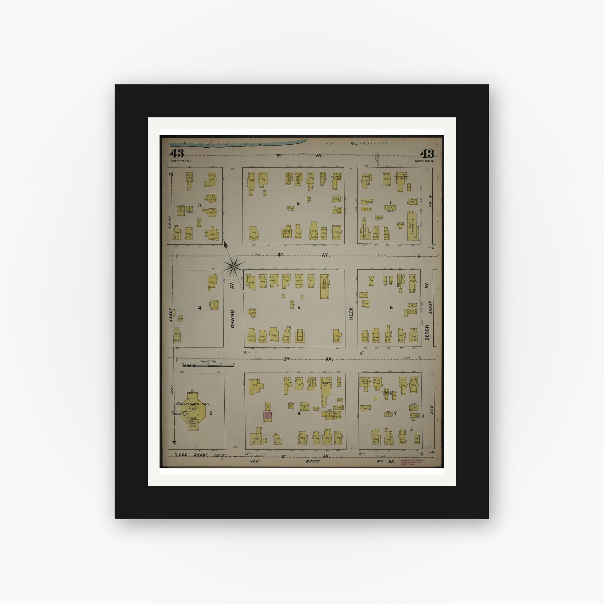 Old map wall art mockup — black gallery frame with white mat — Sanborn Fire Insurance Map from New Jersey Coast, New Jersey Coast, New Jersey (1890), Sheet #0043