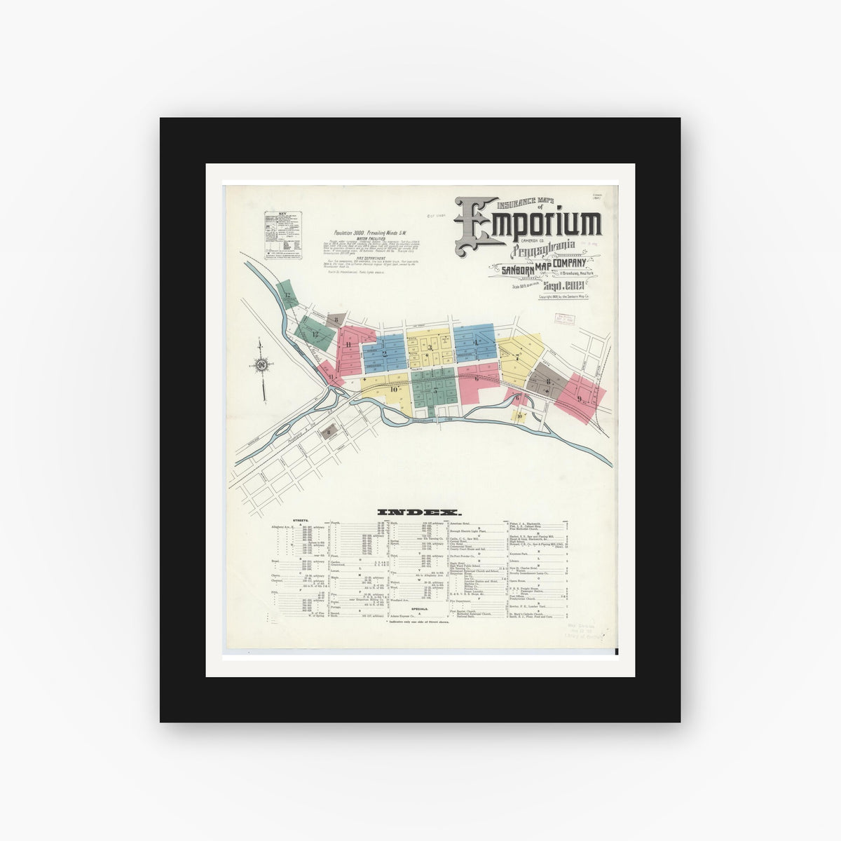 Old map wall art mockup — black gallery frame with white mat — Sanborn Fire Insurance Map from Emporium, Cameron County, Pennsylvania (1909) - Complete Map Set