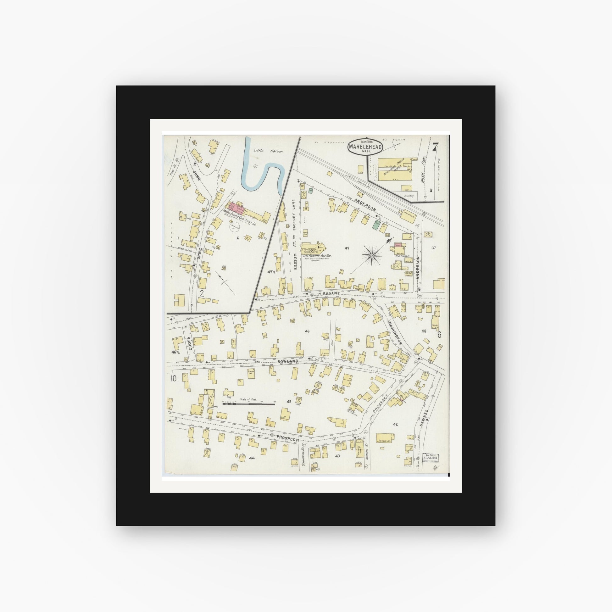 Old map wall art mockup — black gallery frame with white mat — Sanborn Fire Insurance Map from Marblehead, Essex County, Massachusetts (1896), Sheet #0007