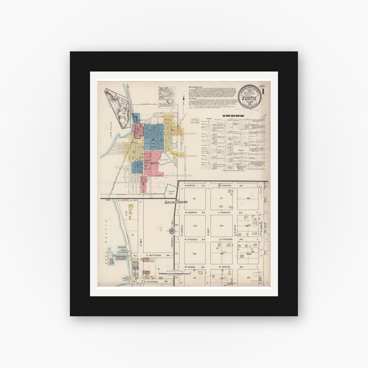 Old map wall art mockup — black gallery frame with white mat — Sanborn Fire Insurance Map from Eustis, Lake County, Florida (1922) - Complete Map Set