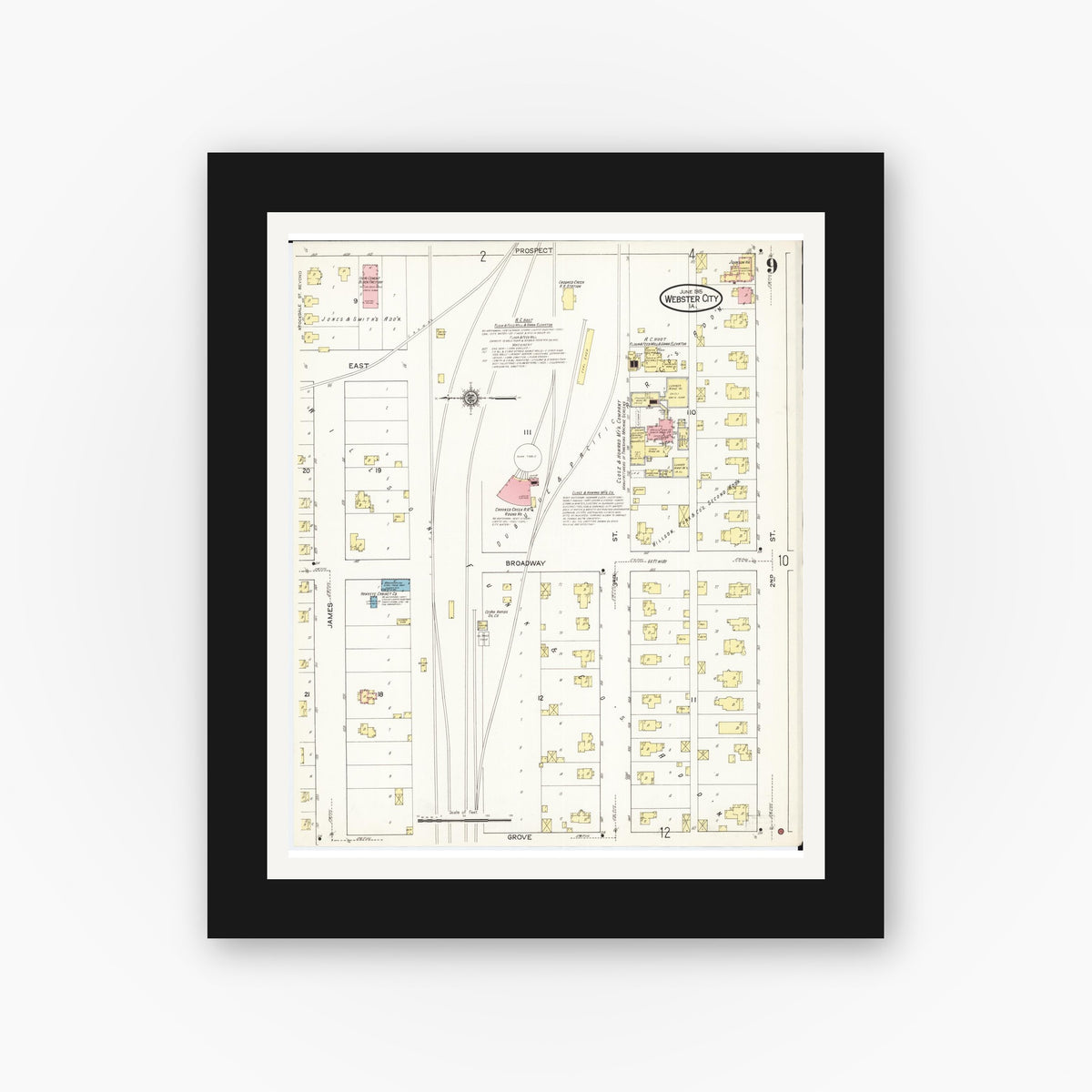 Old map wall art mockup — black gallery frame with white mat — Sanborn Fire Insurance Map from Webster City, Hamilton County, Iowa (1915), Sheet #0009