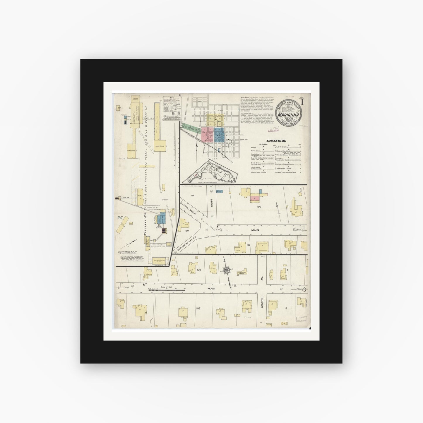 Old map wall art mockup — black gallery frame with white mat — Sanborn Fire Insurance Map from Marianna, Jackson County, Florida (1913), Sheet #0001