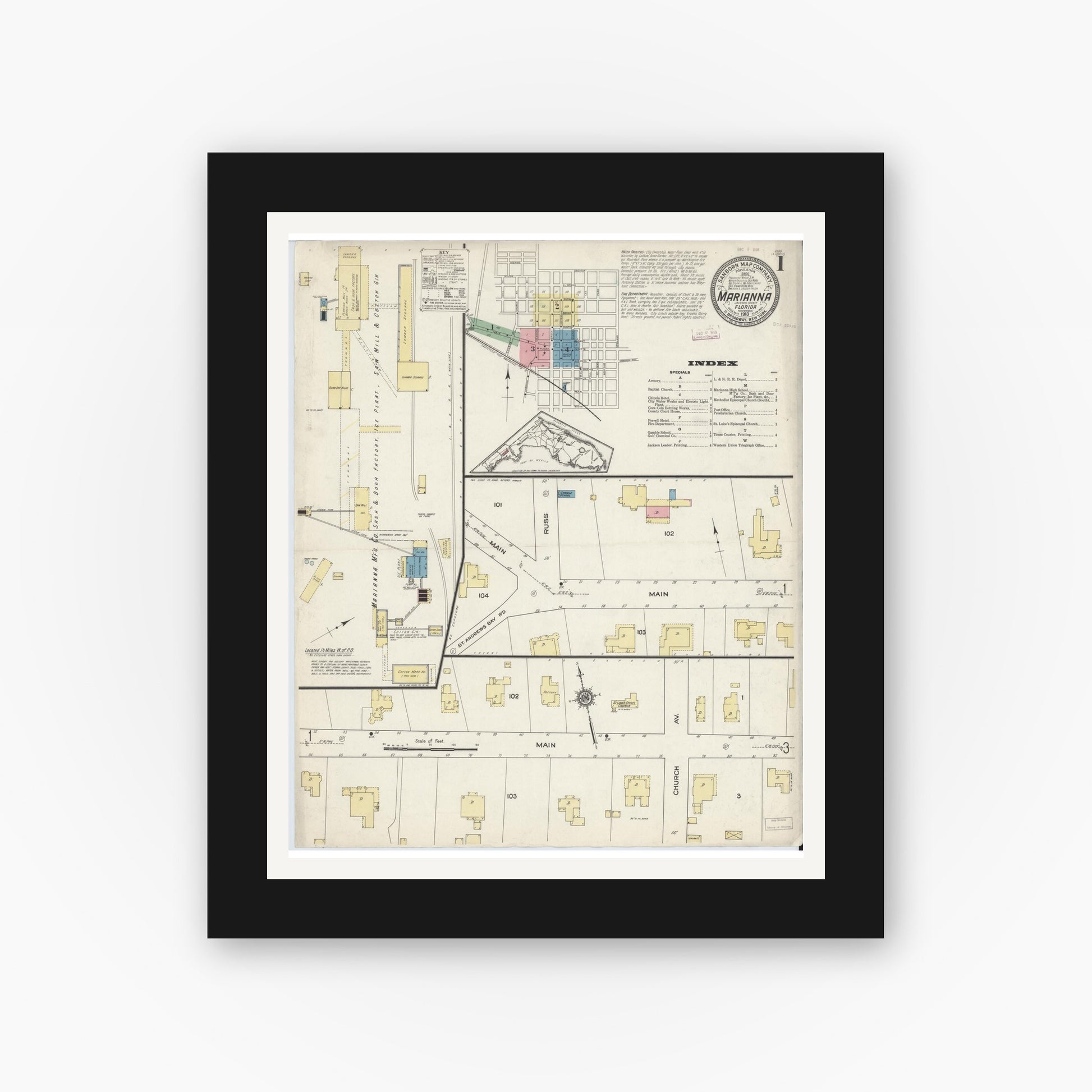 Old map wall art mockup — black gallery frame with white mat — Sanborn Fire Insurance Map from Marianna, Jackson County, Florida (1913), Sheet #0001