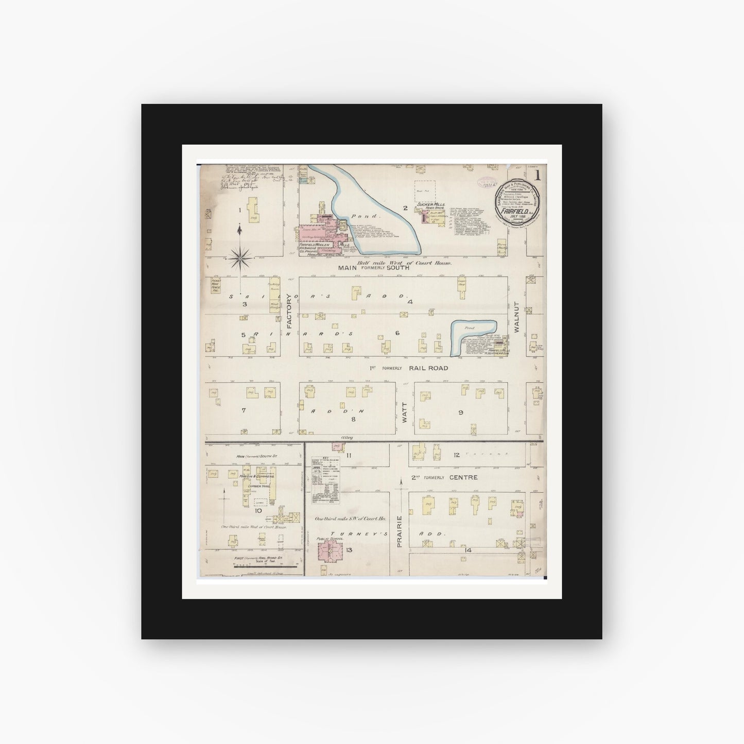 Old map wall art mockup — black gallery frame with white mat — Sanborn Fire Insurance Map from Fairfield, Wayne County, Illinois (1886) - Complete Map Set