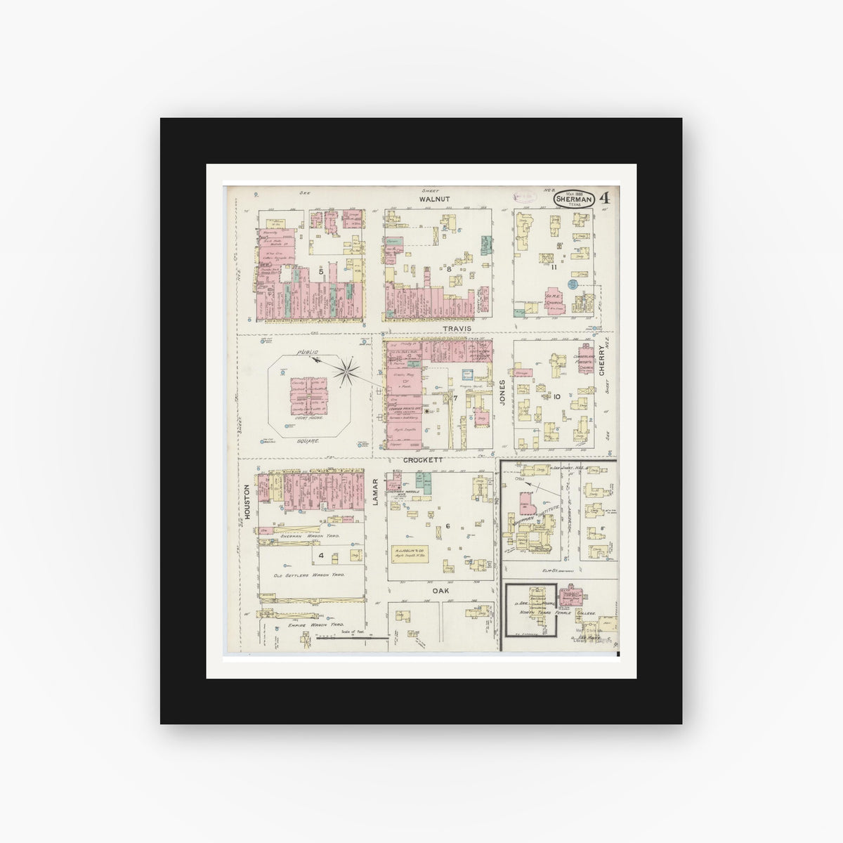 Old map wall art mockup — black gallery frame with white mat — Sanborn Fire Insurance Map from Sherman, Grayson County, Texas (1888), Sheet #0004