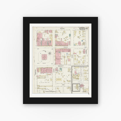 Old map wall art mockup — black gallery frame with white mat — Sanborn Fire Insurance Map from Sherman, Grayson County, Texas (1888), Sheet #0004