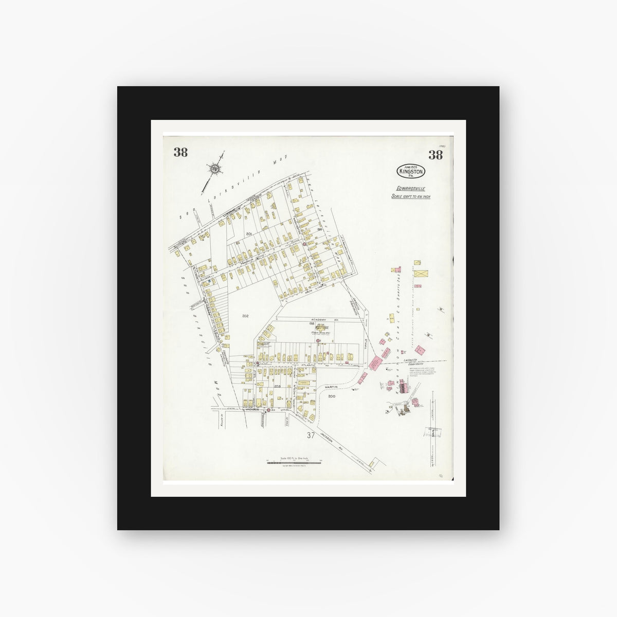 Old map wall art mockup — black gallery frame with white mat — Sanborn Fire Insurance Map from Kingston, Luzerne County, Pennsylvania (1925), Sheet #0038