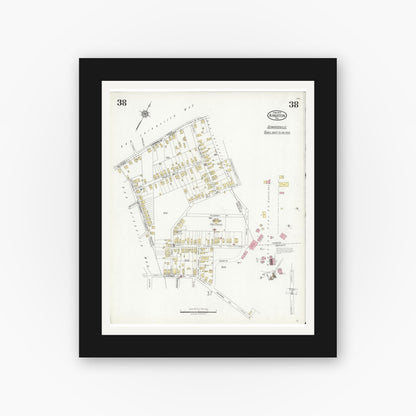 Old map wall art mockup — black gallery frame with white mat — Sanborn Fire Insurance Map from Kingston, Luzerne County, Pennsylvania (1925), Sheet #0038