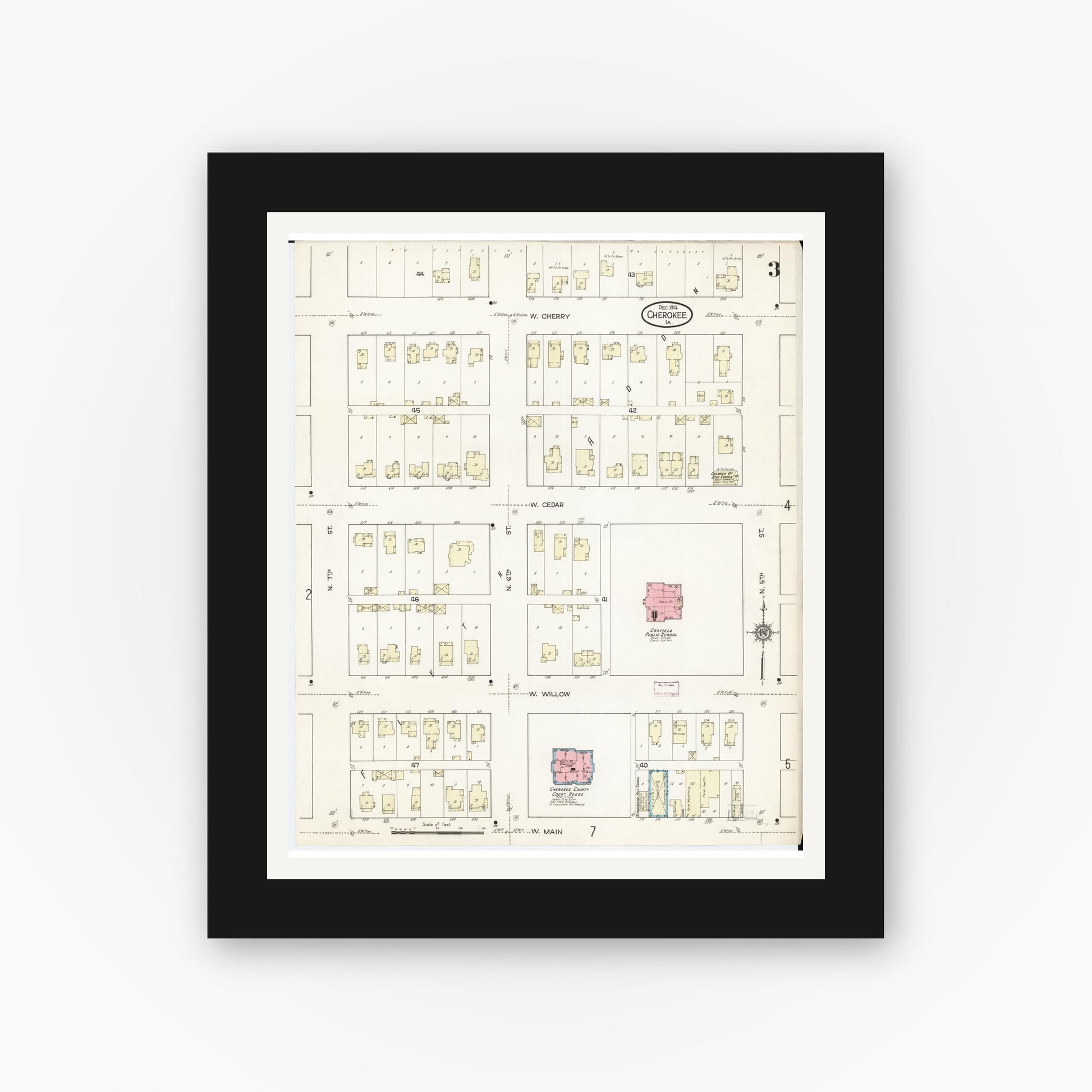 Old map wall art mockup — black gallery frame with white mat — Sanborn Fire Insurance Map from Cherokee, Cherokee County, Iowa (1914), Sheet #0003