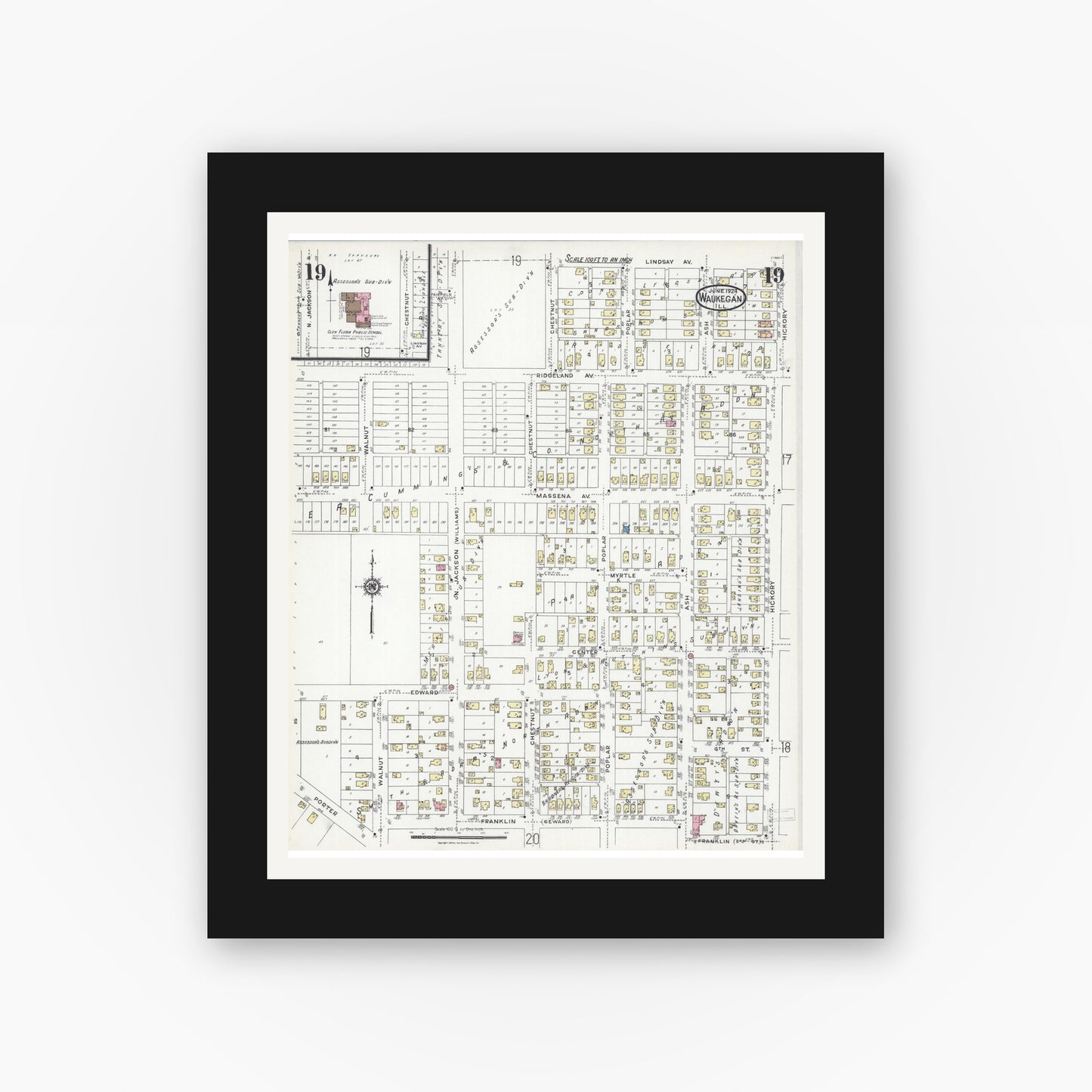 Old map wall art mockup — black gallery frame with white mat — Sanborn Fire Insurance Map from Waukegan, Lake County, Illinois (1924), Sheet #0019