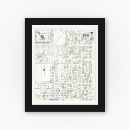Old map wall art mockup — black gallery frame with white mat — Sanborn Fire Insurance Map from Waukegan, Lake County, Illinois (1924), Sheet #0019