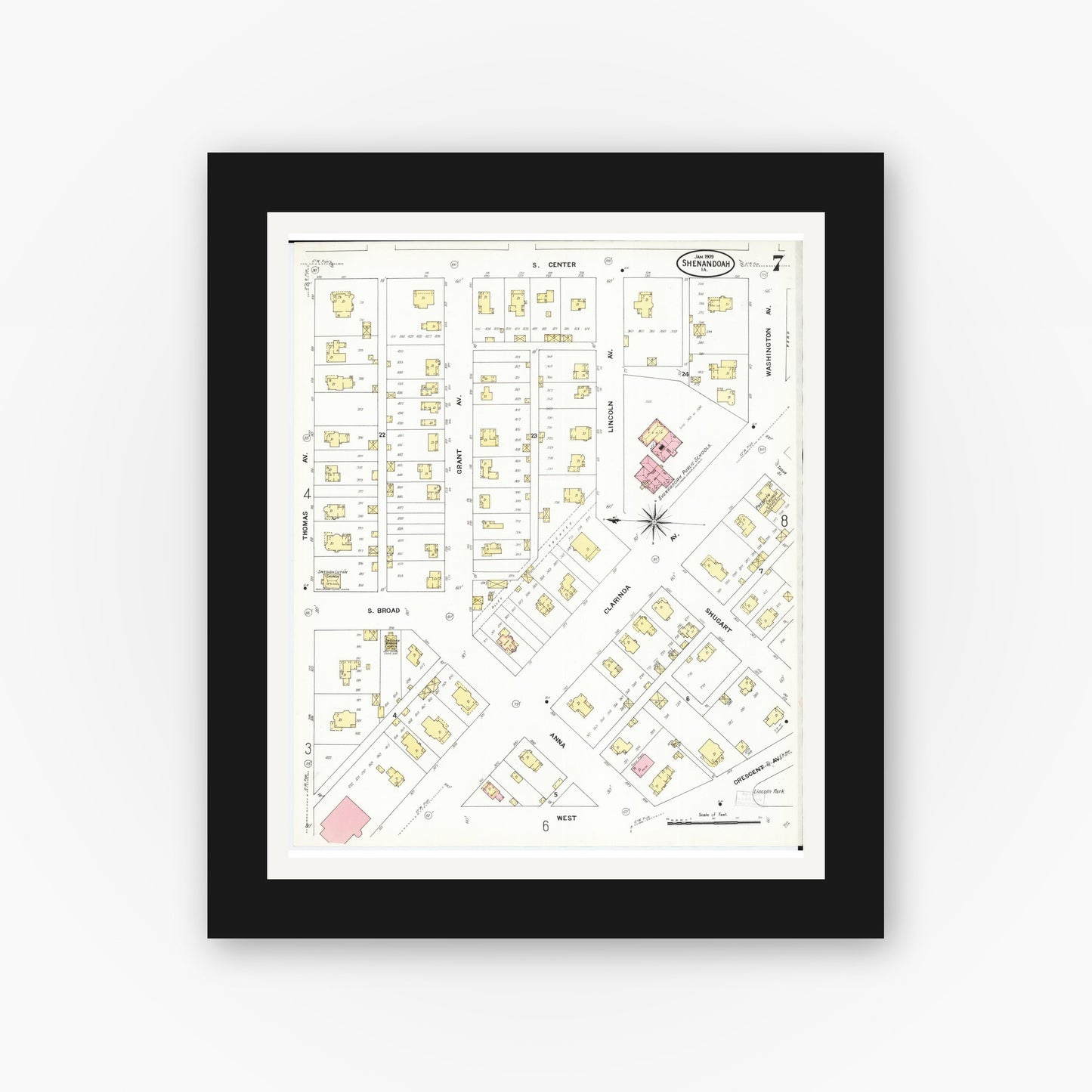 Old map wall art mockup — black gallery frame with white mat — Sanborn Fire Insurance Map from Shenandoah, Page County, Iowa (1909), Sheet #0007