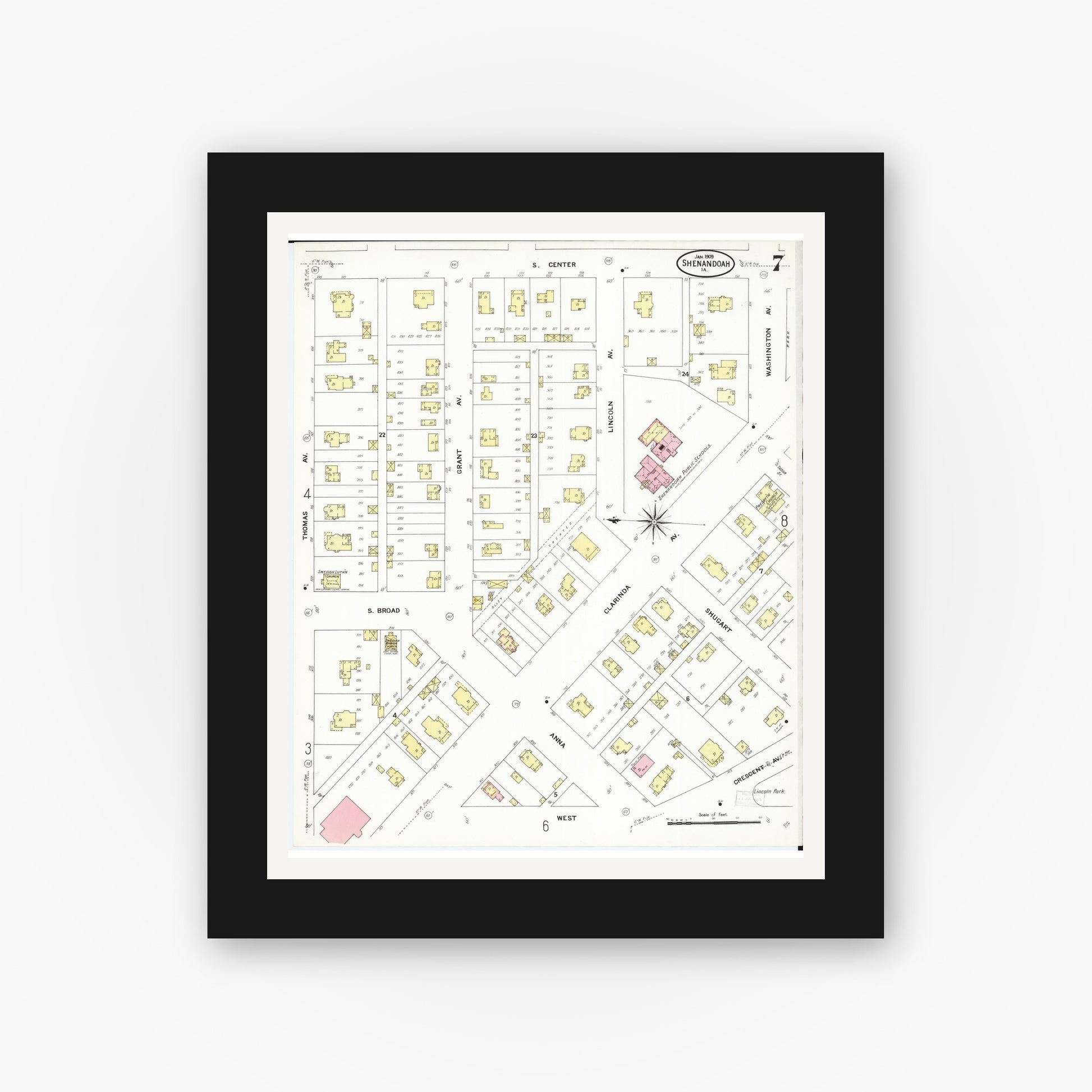 Old map wall art mockup — black gallery frame with white mat — Sanborn Fire Insurance Map from Shenandoah, Page County, Iowa (1909), Sheet #0007
