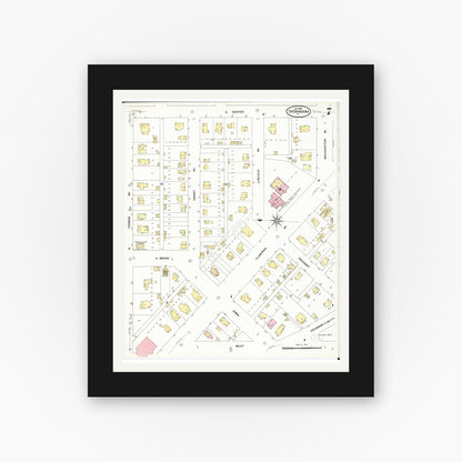 Old map wall art mockup — black gallery frame with white mat — Sanborn Fire Insurance Map from Shenandoah, Page County, Iowa (1909), Sheet #0007