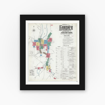 Old map wall art mockup — black gallery frame with white mat — Sanborn Fire Insurance Map from Gardner, Worcester County, Massachusetts (1905), Sheet #0001