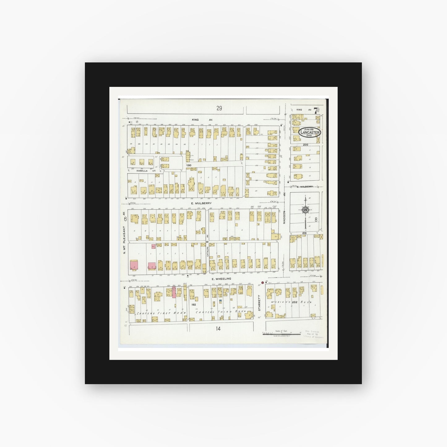 Old map wall art mockup — black gallery frame with white mat — Sanborn Fire Insurance Map from Lancaster, Fairfield County, Ohio (1919), Sheet #0007