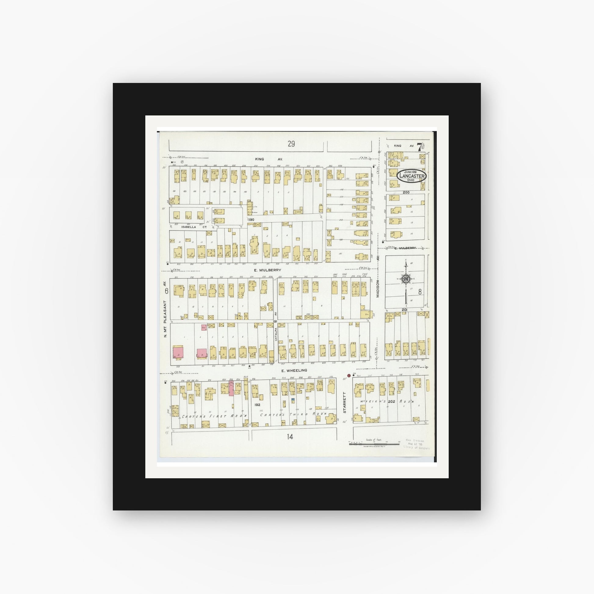 Old map wall art mockup — black gallery frame with white mat — Sanborn Fire Insurance Map from Lancaster, Fairfield County, Ohio (1919), Sheet #0007