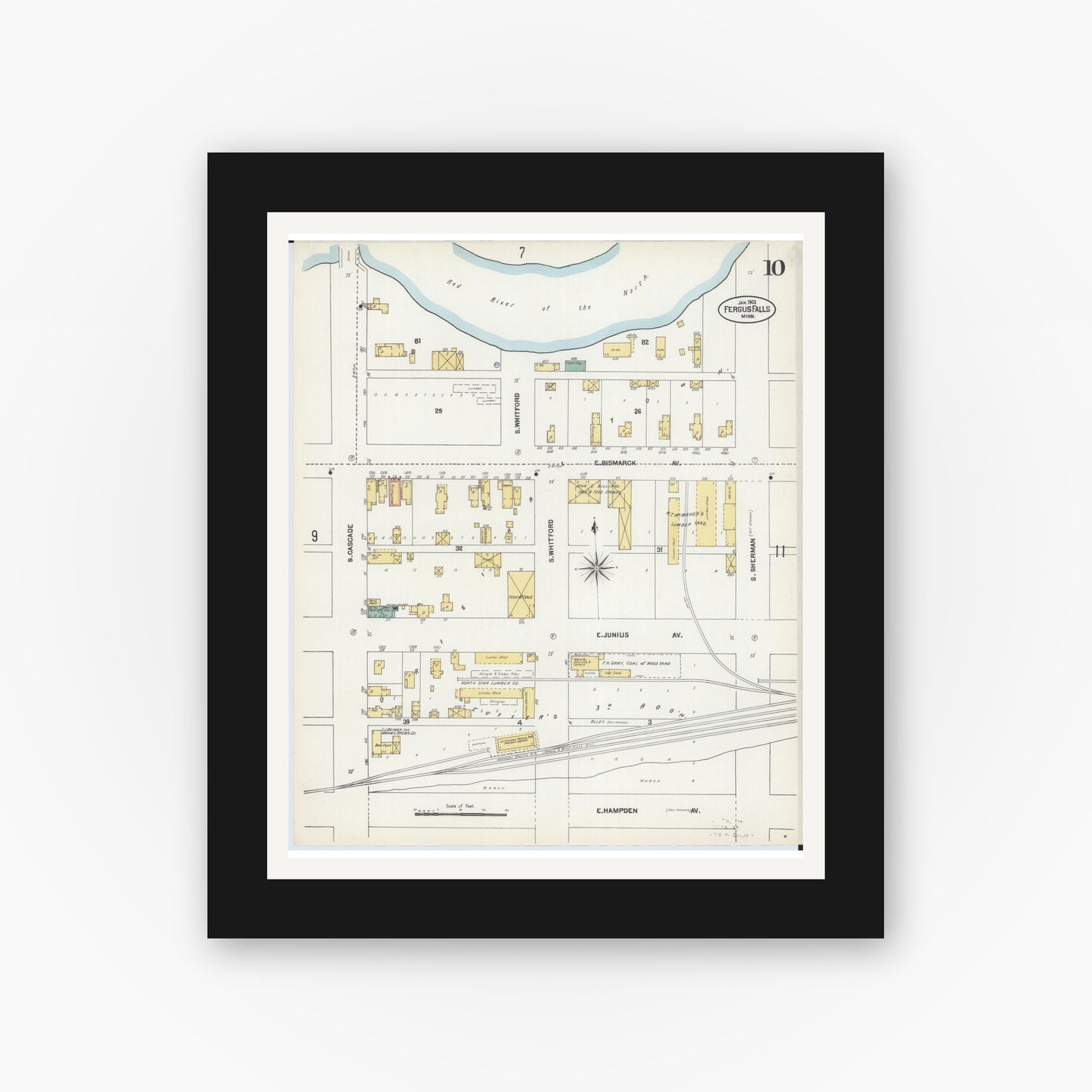 Old map wall art mockup — black gallery frame with white mat — Sanborn Fire Insurance Map from Fergus Falls, Otter Tail County, Minnesota (1903), Sheet #0010