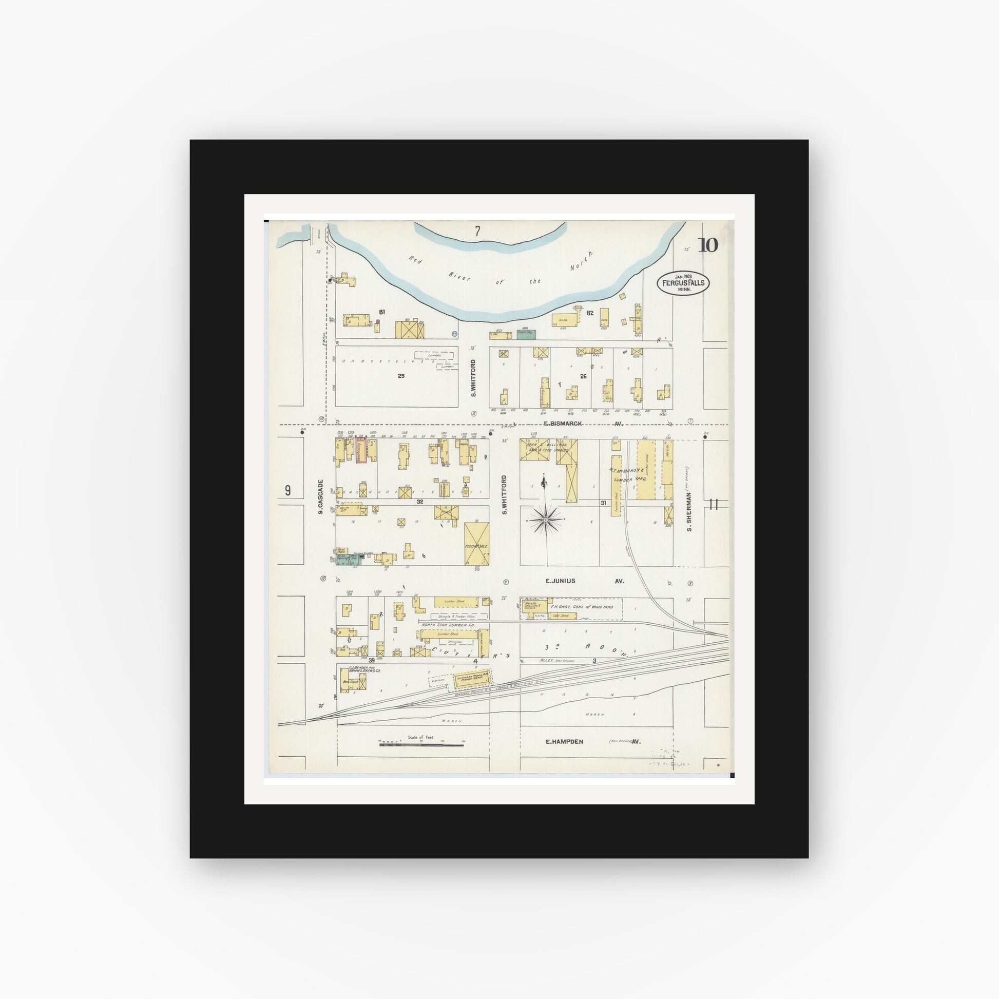 Old map wall art mockup — black gallery frame with white mat — Sanborn Fire Insurance Map from Fergus Falls, Otter Tail County, Minnesota (1903), Sheet #0010