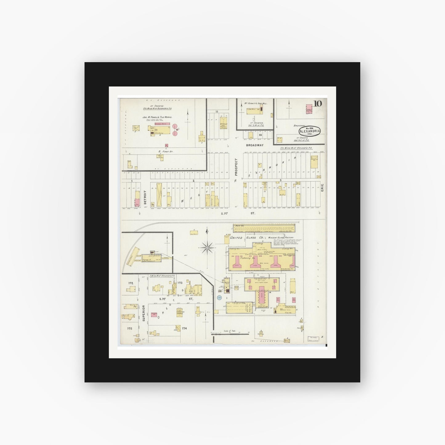 Old map wall art mockup — black gallery frame with white mat — Sanborn Fire Insurance Map from Alexandria, Madison County, Indiana (1896), Sheet #0010