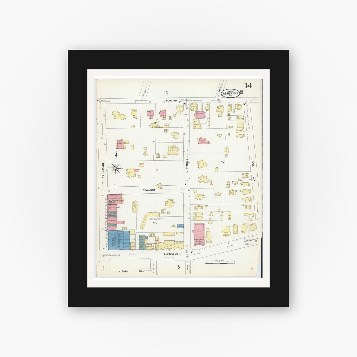 Old map wall art mockup — black gallery frame with white mat — Sanborn Fire Insurance Map from Asheville, Buncombe County, North Carolina (1907), Sheet #0014