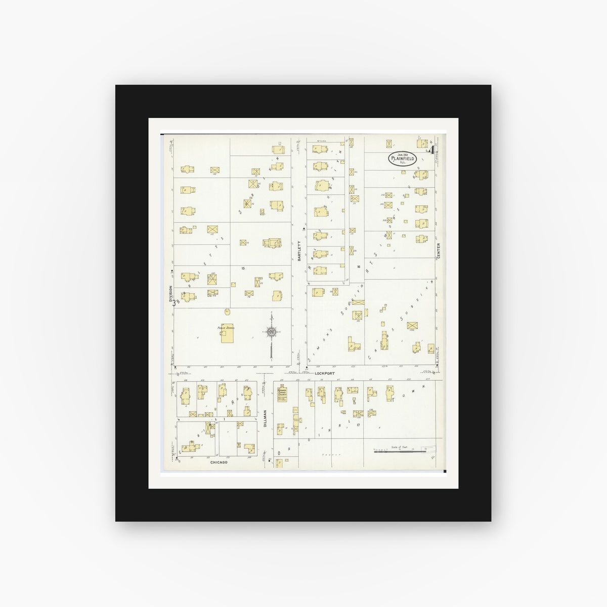 Old map wall art mockup — black gallery frame with white mat — Sanborn Fire Insurance Map from Plainfield, Will County, Illinois (1912), Sheet #0004