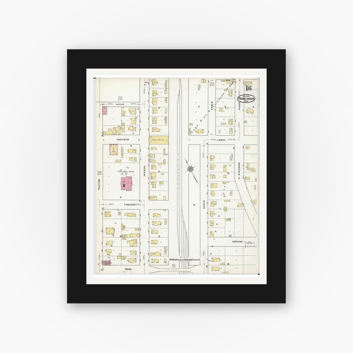 Old map wall art mockup — black gallery frame with white mat — Sanborn Fire Insurance Map from Rhinelander, Oneida County, Wisconsin (1920), Sheet #0016