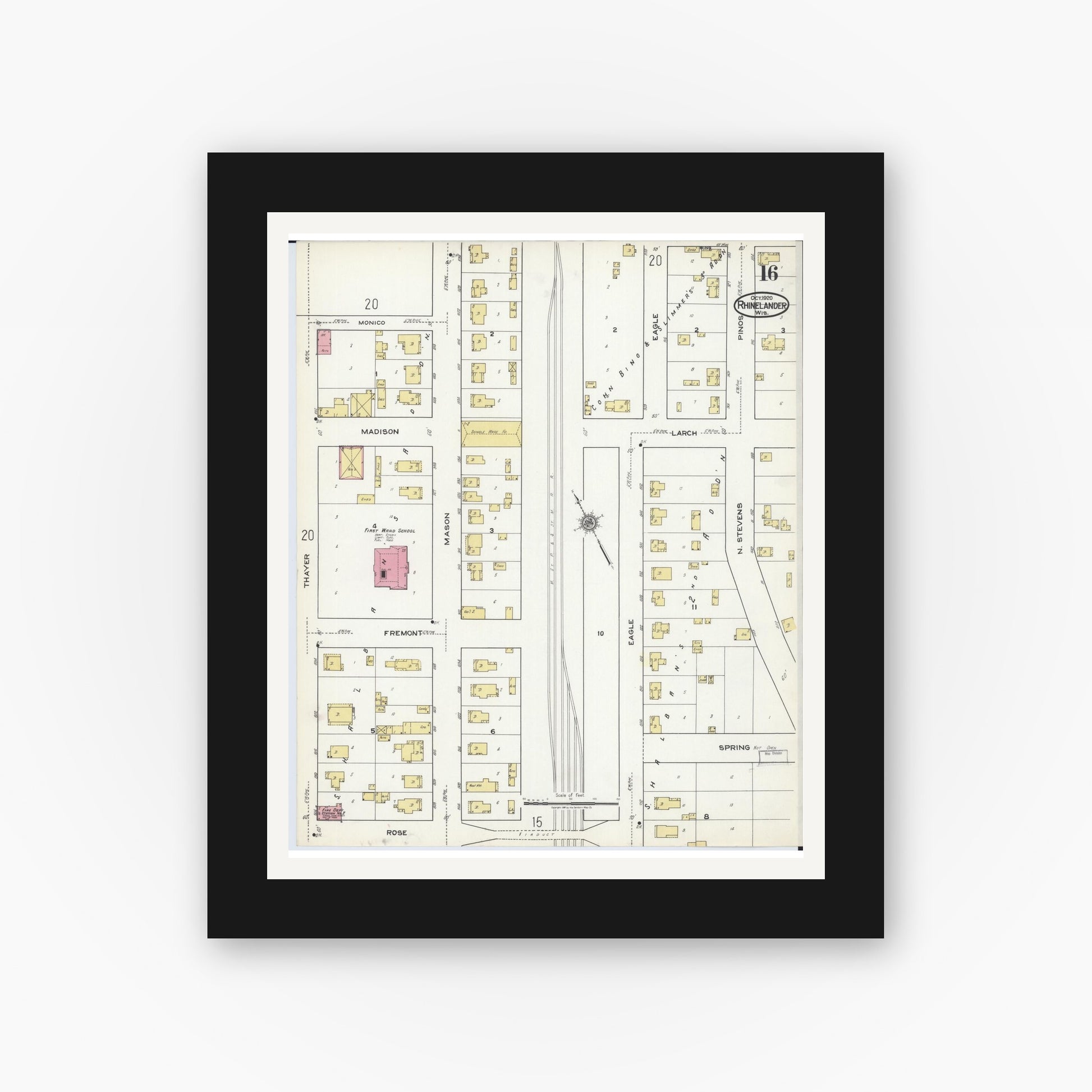 Old map wall art mockup — black gallery frame with white mat — Sanborn Fire Insurance Map from Rhinelander, Oneida County, Wisconsin (1920), Sheet #0016
