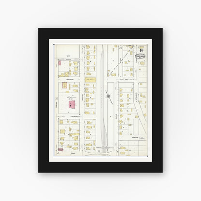 Old map wall art mockup — black gallery frame with white mat — Sanborn Fire Insurance Map from Rhinelander, Oneida County, Wisconsin (1920), Sheet #0016