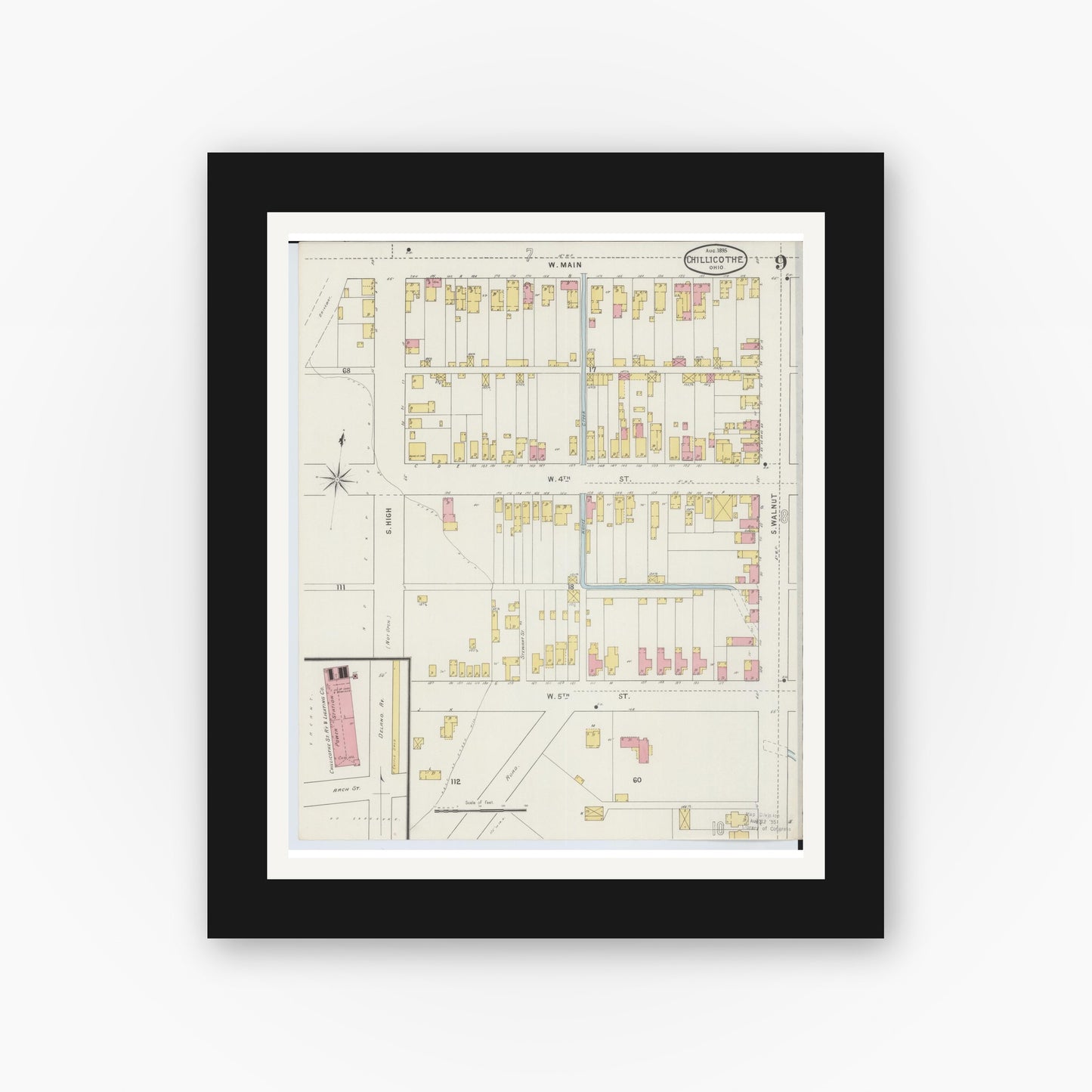 Old map wall art mockup — black gallery frame with white mat — Sanborn Fire Insurance Map from Chillicothe, Ross County, Ohio (1895), Sheet #0009