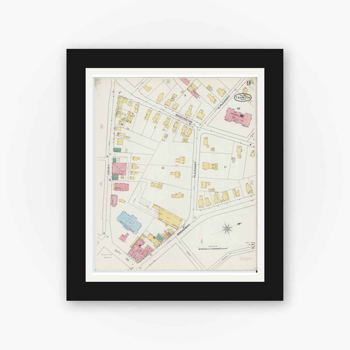 Old map wall art mockup — black gallery frame with white mat — Sanborn Fire Insurance Map from Taunton, Bristol County, Massachusetts (1893), Sheet #0009
