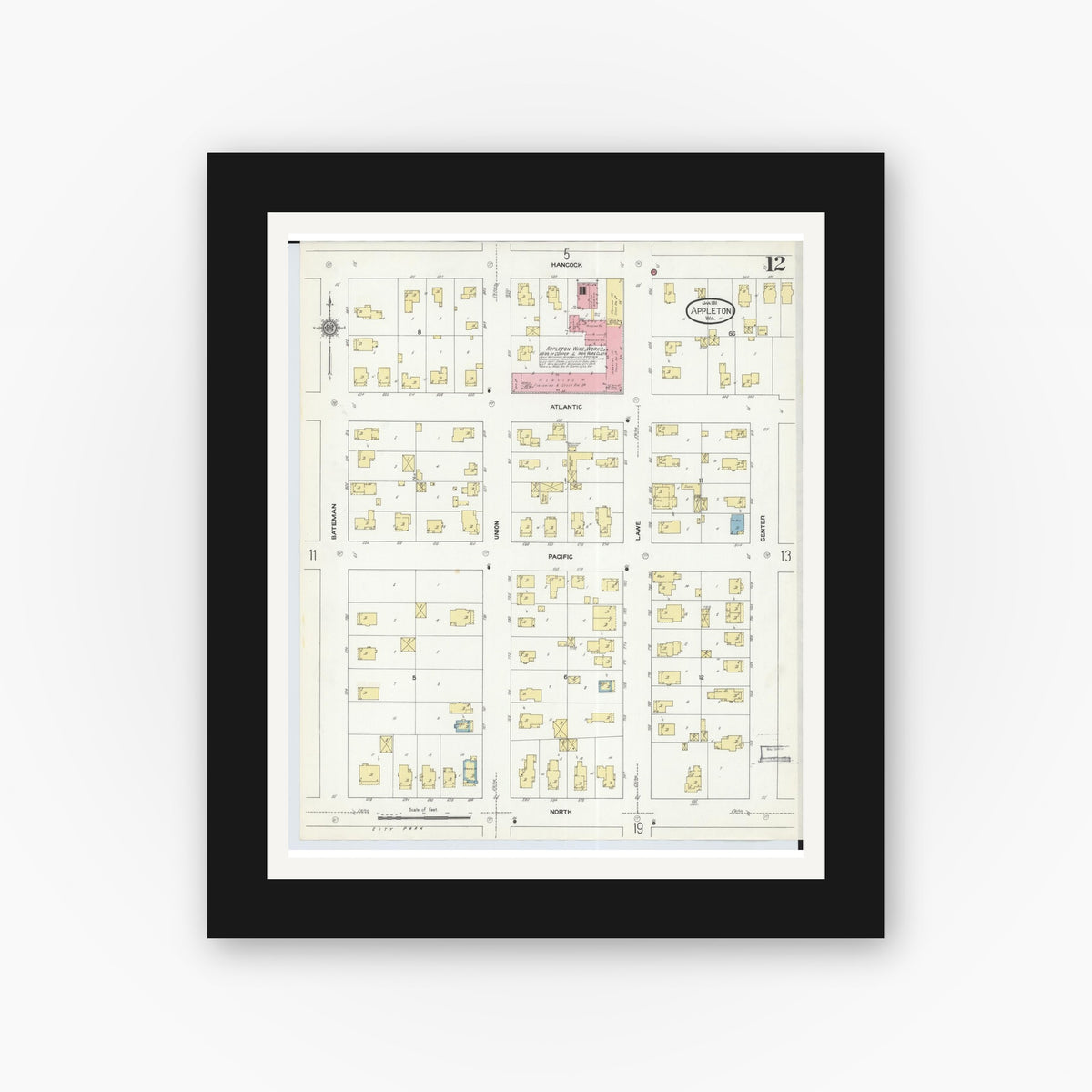 Old map wall art mockup — black gallery frame with white mat — Sanborn Fire Insurance Map from Appleton, Outagamie County, Wisconsin (1911), Sheet #0012