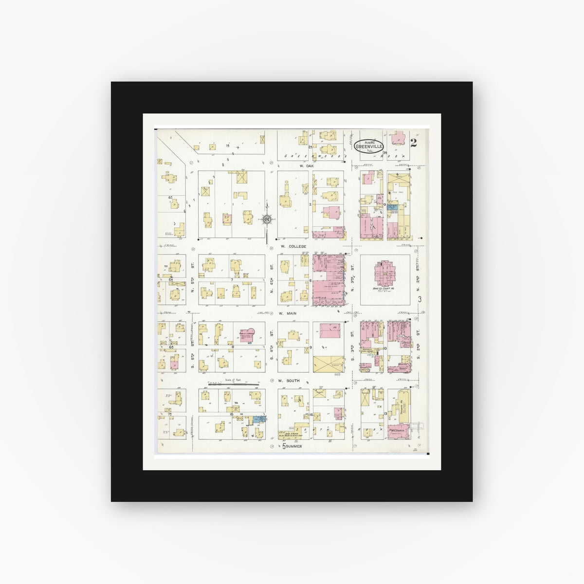 Old map wall art mockup — black gallery frame with white mat — Sanborn Fire Insurance Map from Greenville, Bond County, Illinois (1912), Sheet #0002