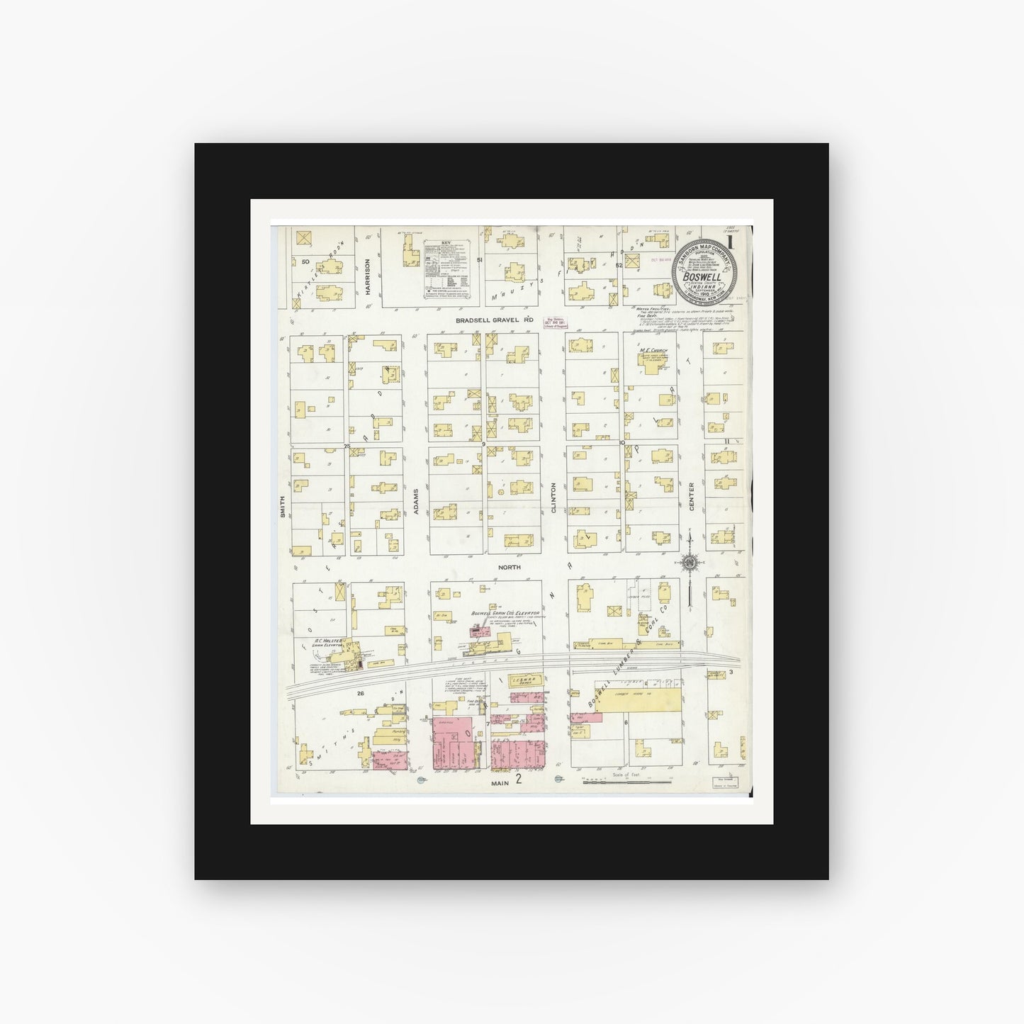 Old map wall art mockup — black gallery frame with white mat — Sanborn Fire Insurance Map from Boswell, Benton County, Indiana (1910), Sheet #0001