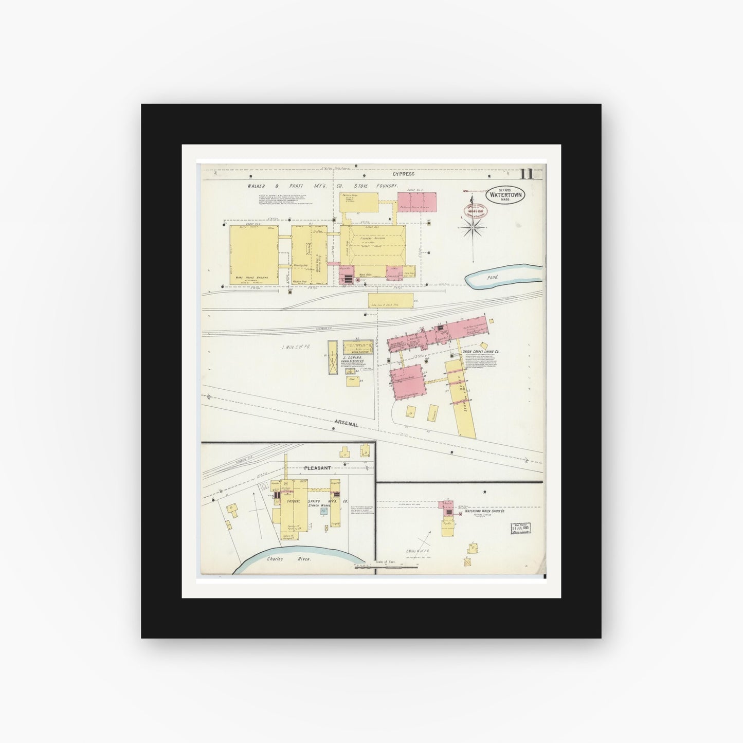 Old map wall art mockup — black gallery frame with white mat — Sanborn Fire Insurance Map from Watertown, Middlesex County, Massachusetts (1899), Sheet #0011
