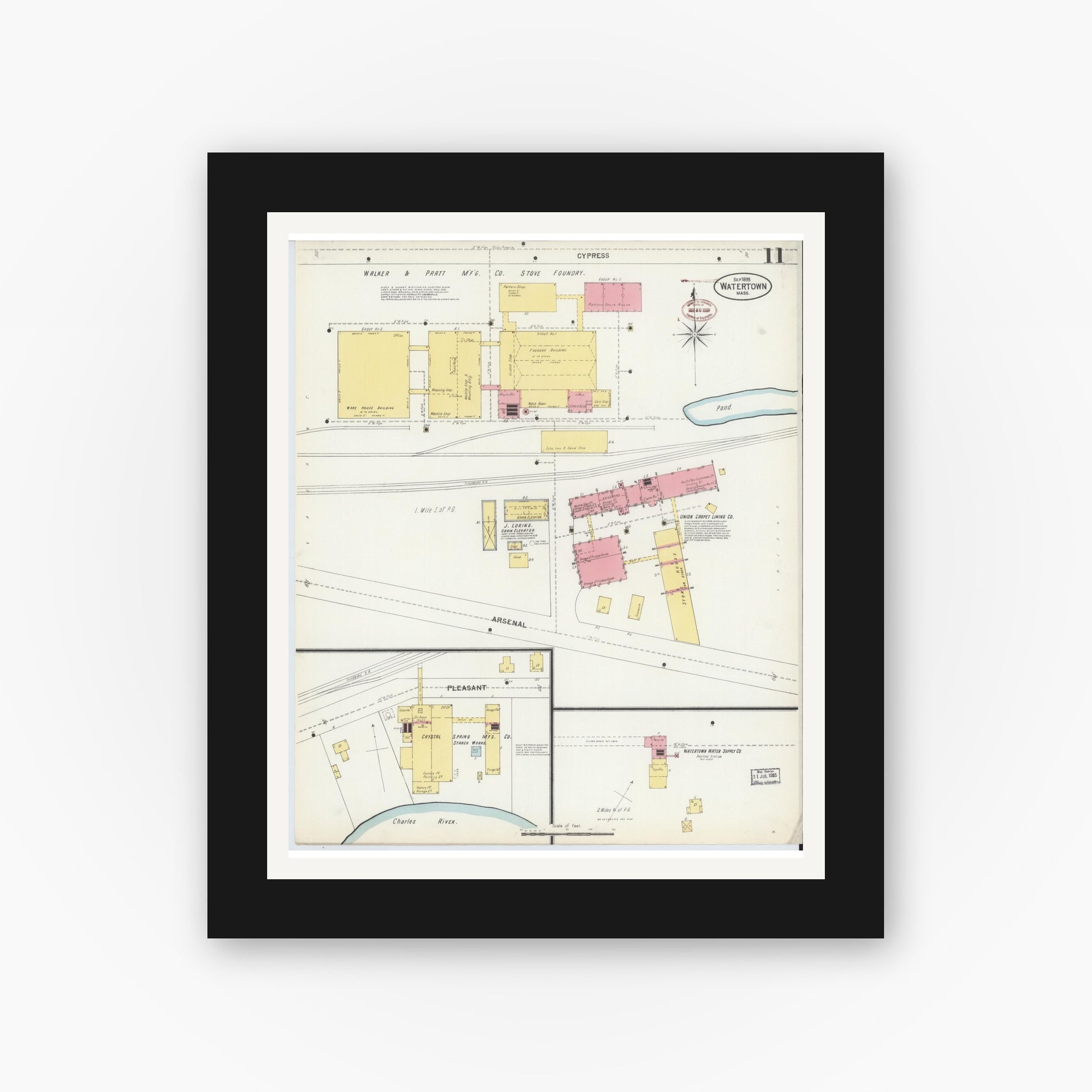 Old map wall art mockup — black gallery frame with white mat — Sanborn Fire Insurance Map from Watertown, Middlesex County, Massachusetts (1899), Sheet #0011
