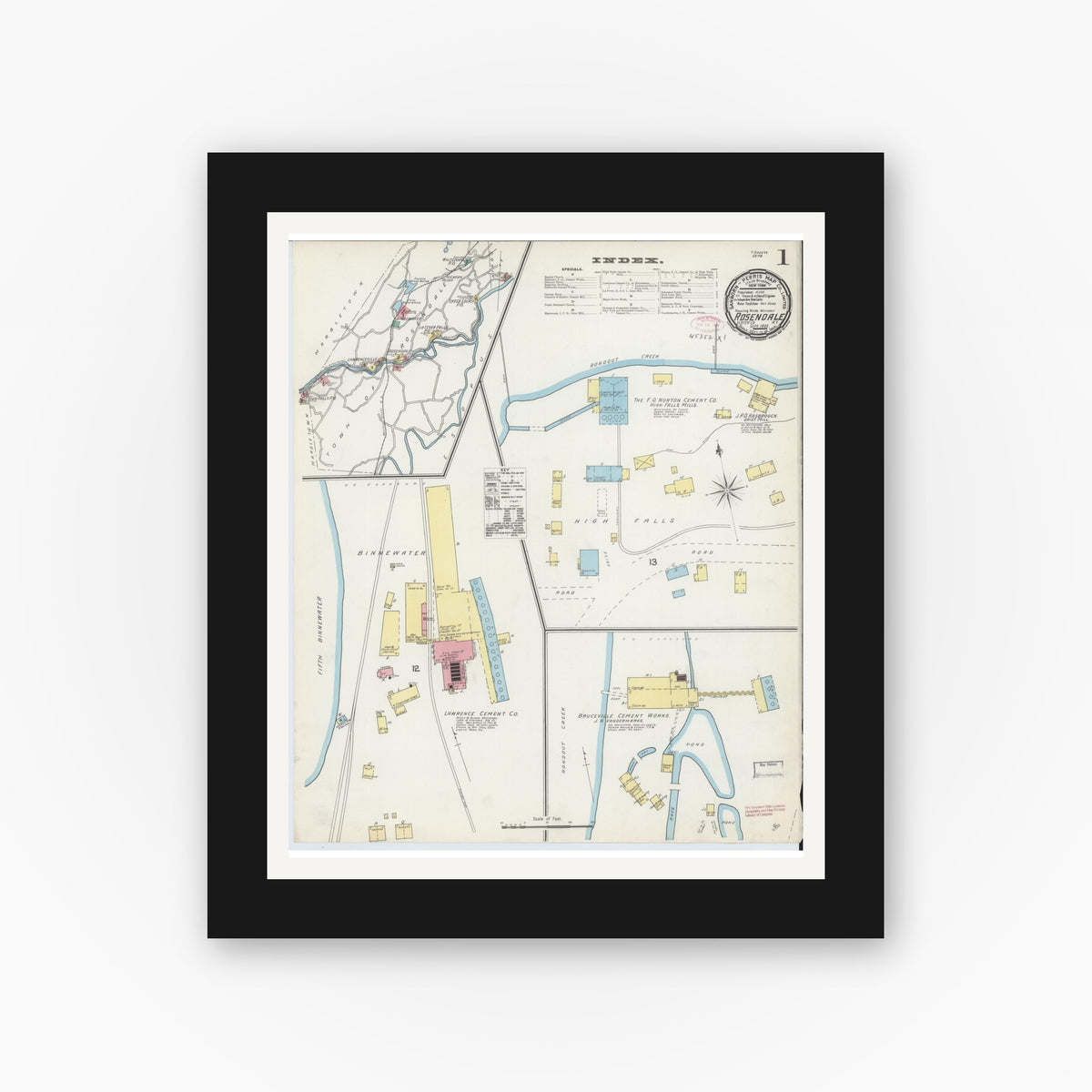 Old map wall art mockup — black gallery frame with white mat — Sanborn Fire Insurance Map from Rosendale, Ulster County, New York (1892) - Complete Map Set