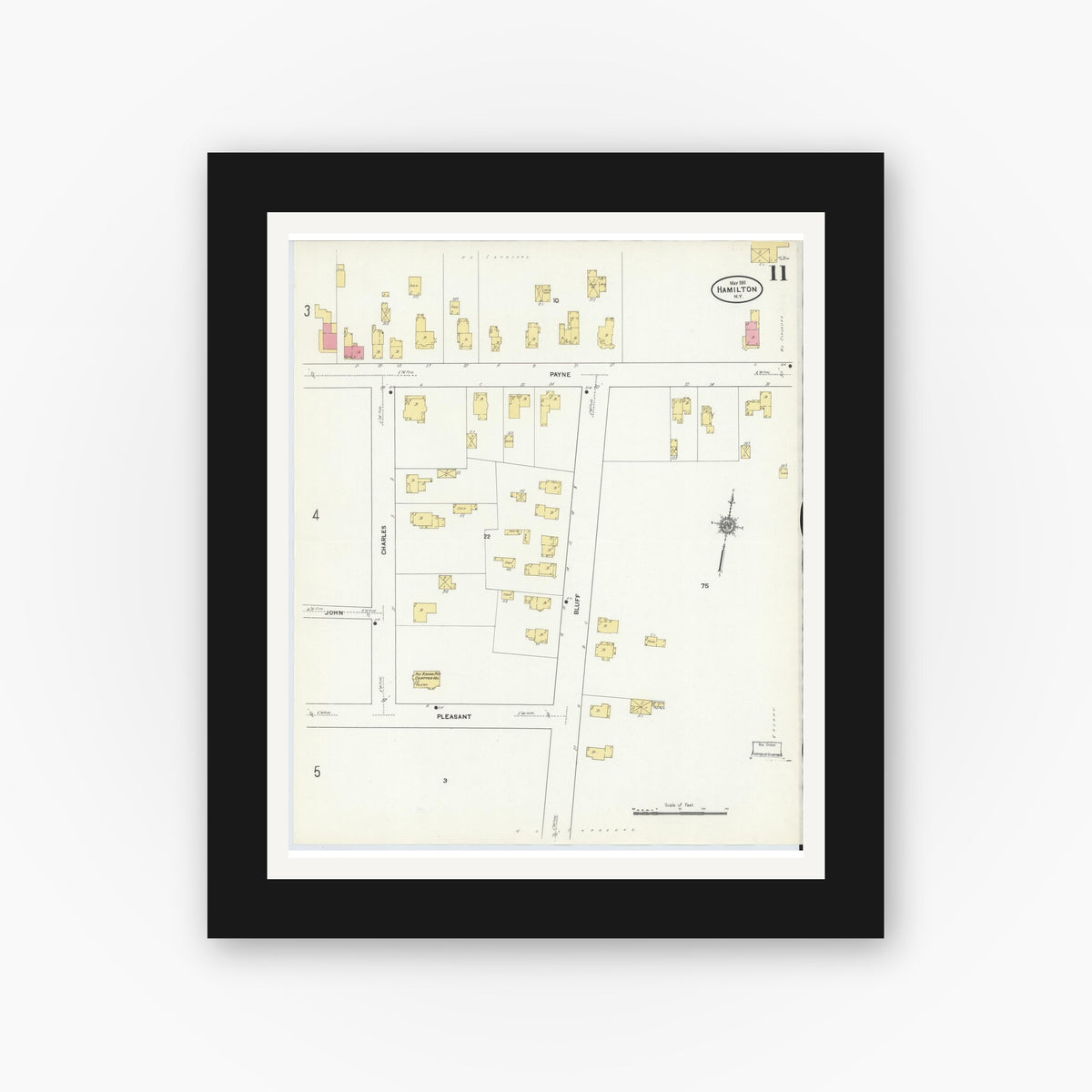 Old map wall art mockup — black gallery frame with white mat — Sanborn Fire Insurance Map from Hamilton, Madison County, New York (1911), Sheet #0011