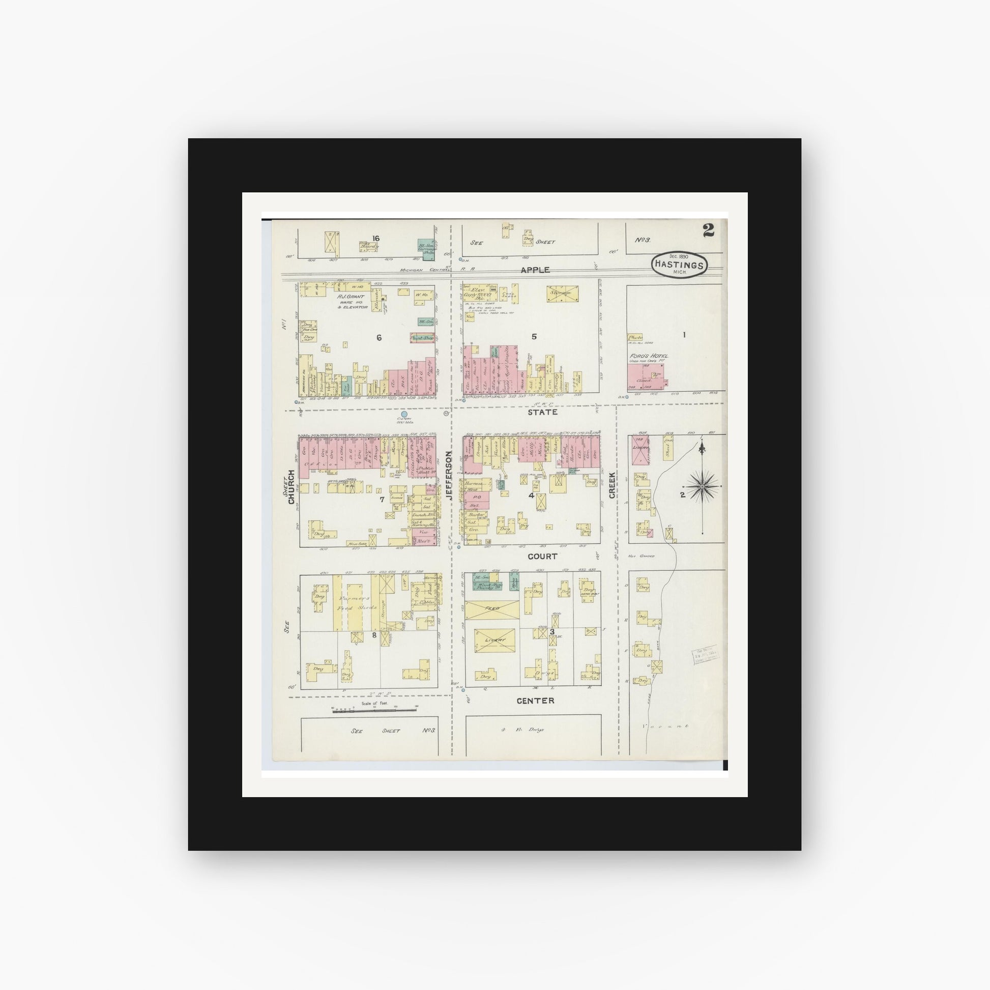 Old map wall art mockup — black gallery frame with white mat — Sanborn Fire Insurance Map from Hastings, Barry County, Michigan (1891), Sheet #0002
